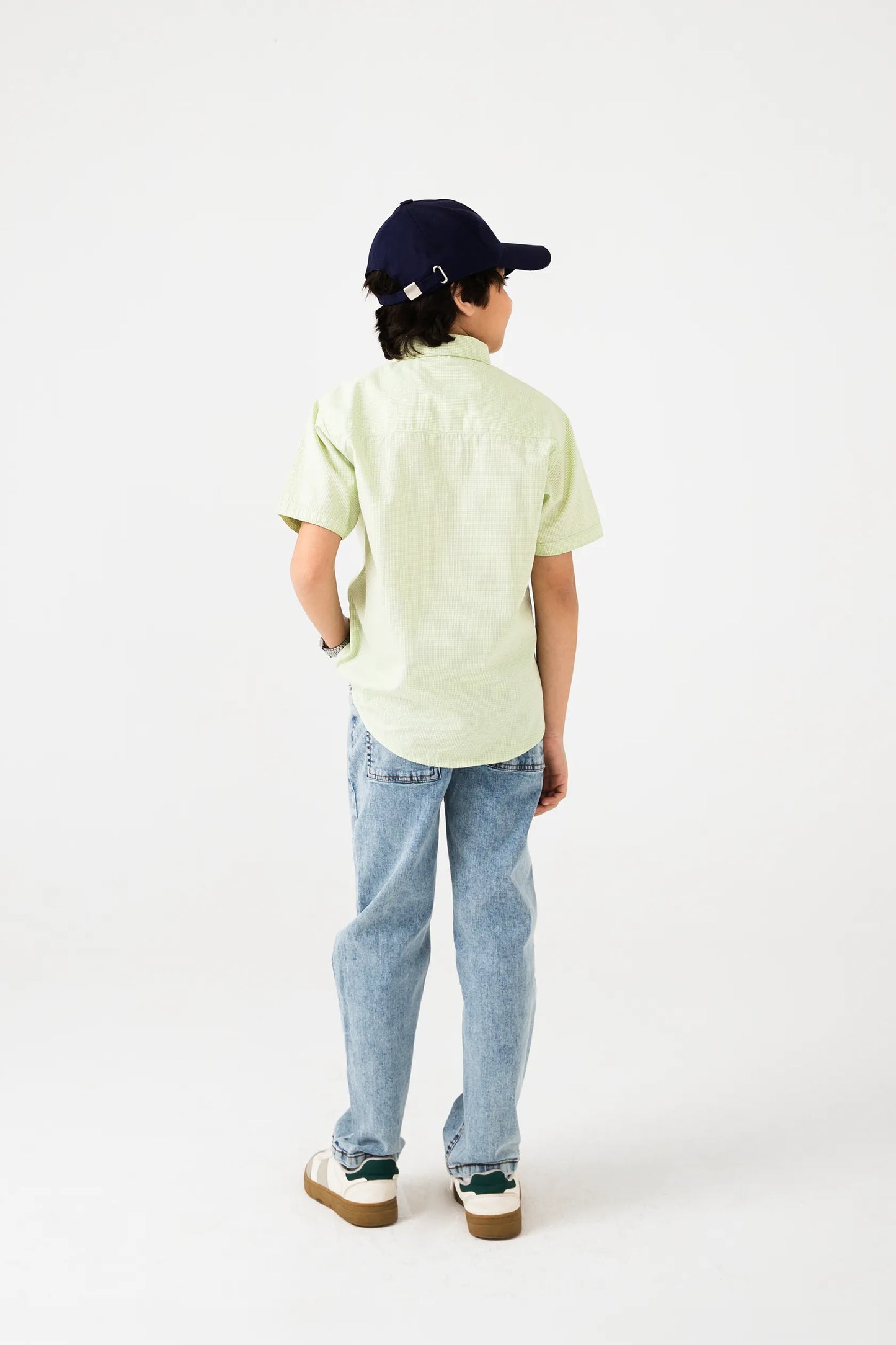 Boys Green Micro Checks Cotton Shirt