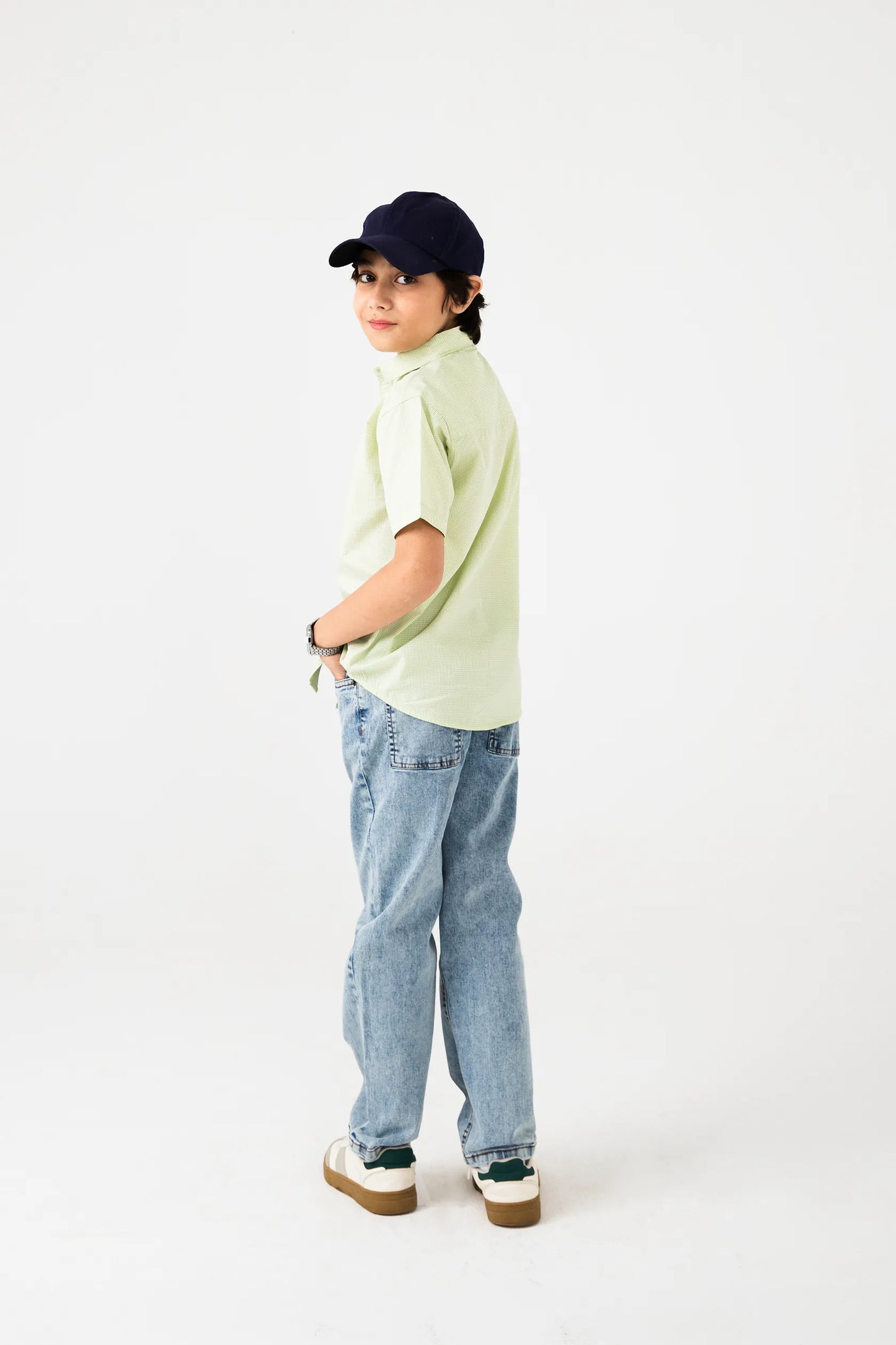 Boys Green Micro Checks Cotton Shirt