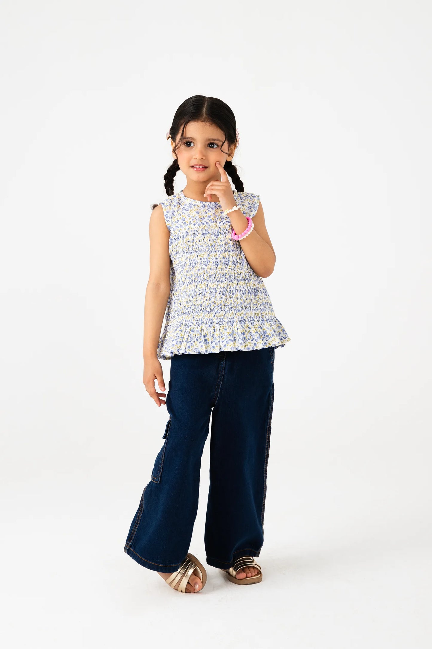 White Printed Smocked Cotton Top