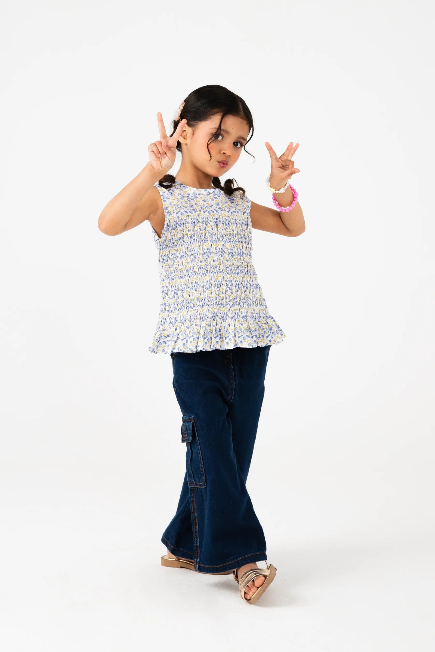 White Printed Smocked Cotton Top