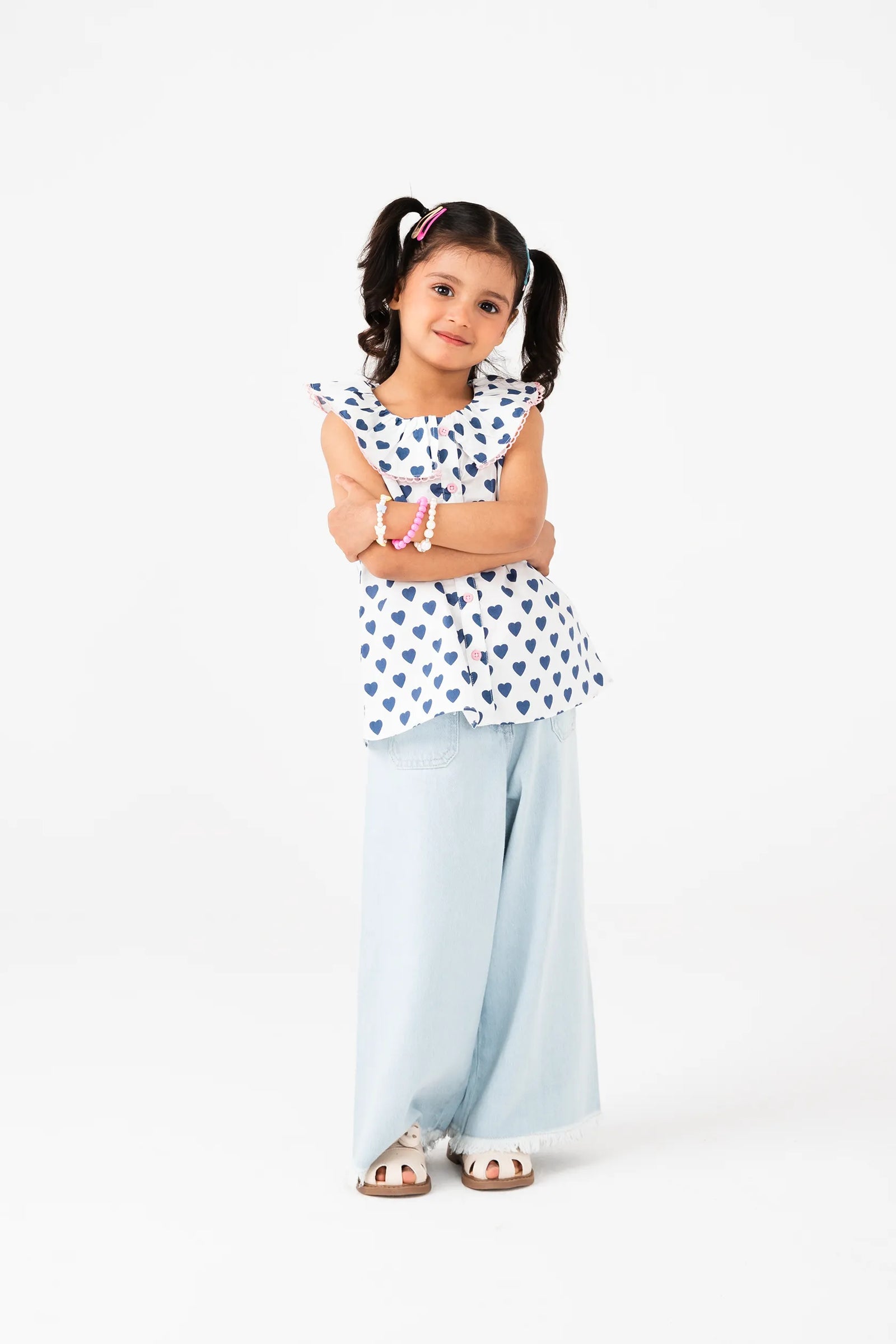 White Heart Printed Button Top