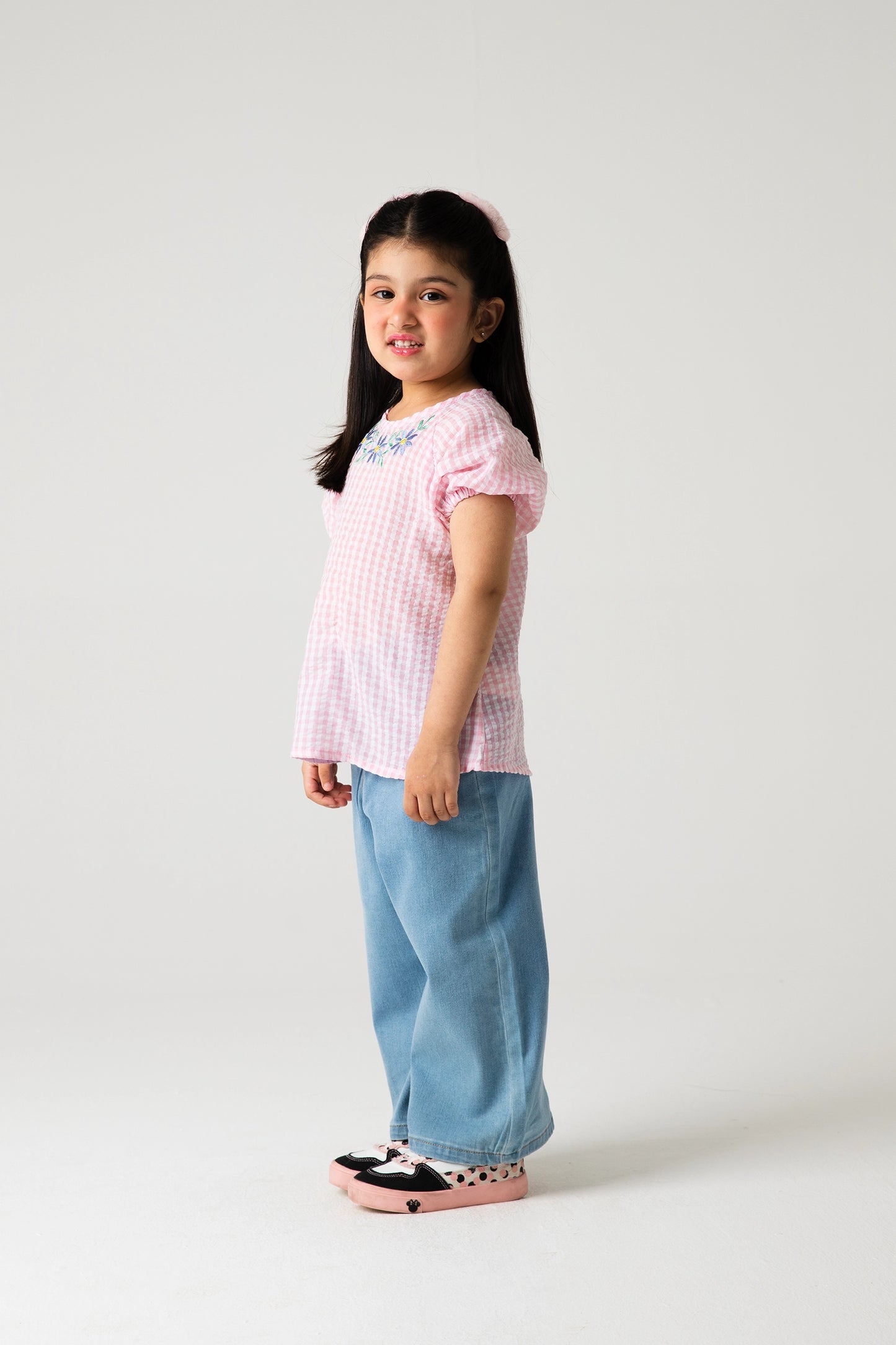 Pink Checkered Embroidered Top