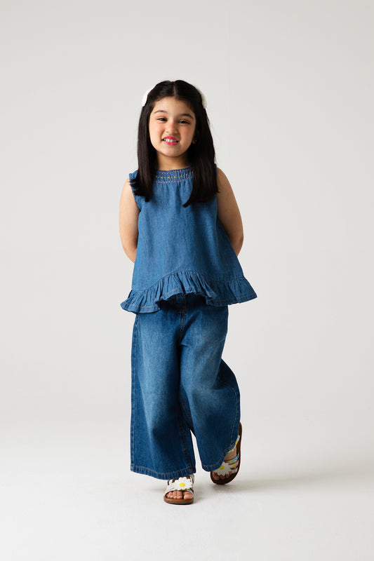 Denim Blossom Embroidered Top