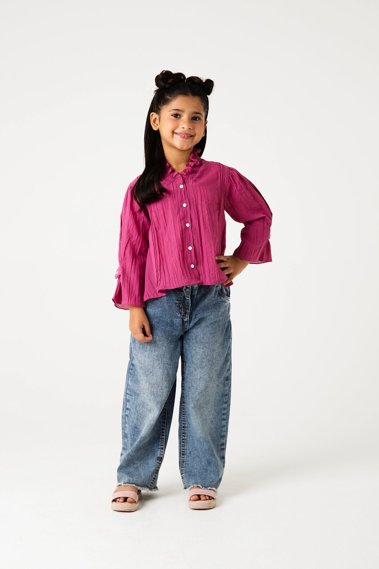 Fuchsia Frill Top with Wide Jeans