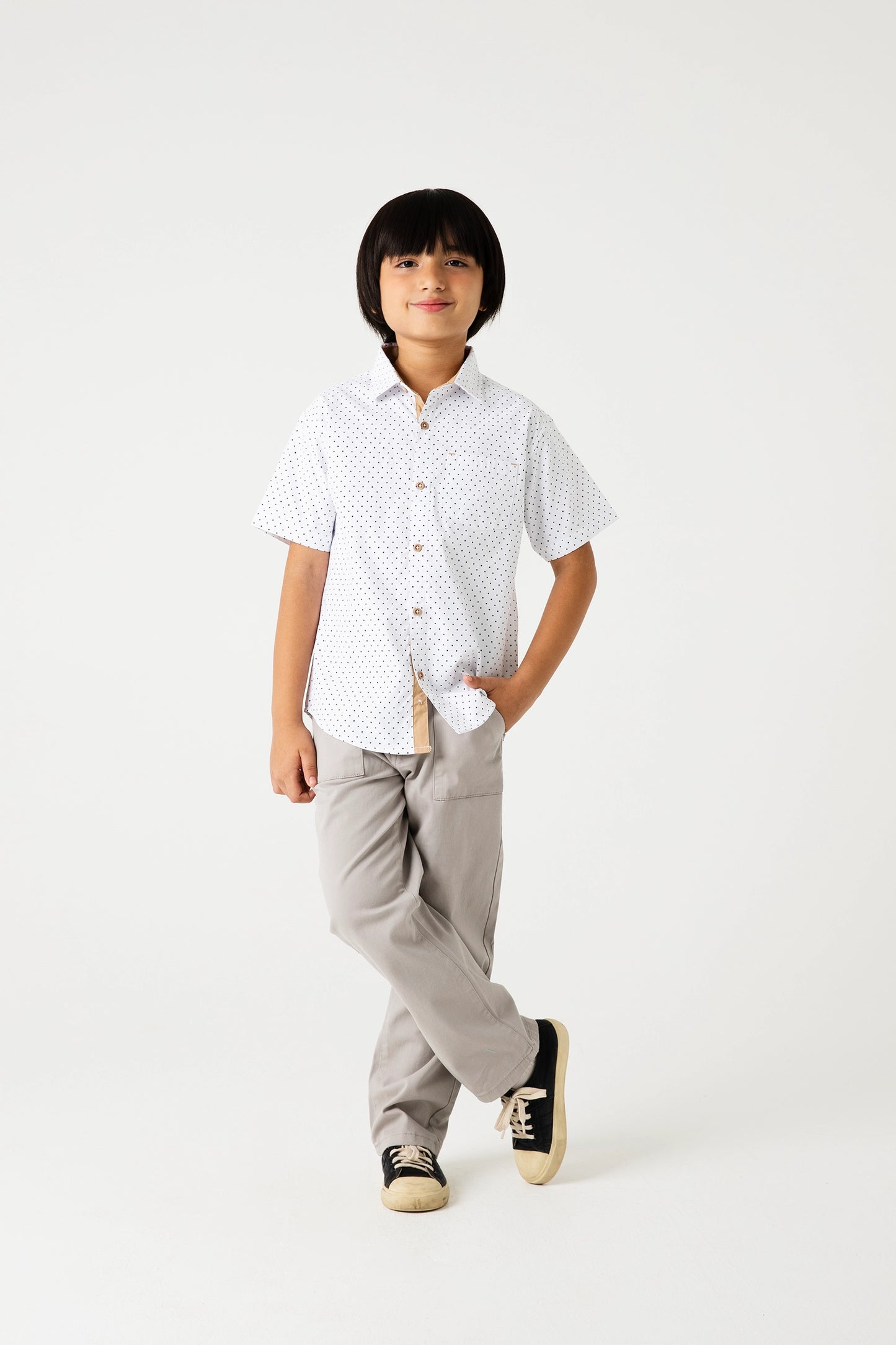 Micro-Print Shirt & Grey Pants Set