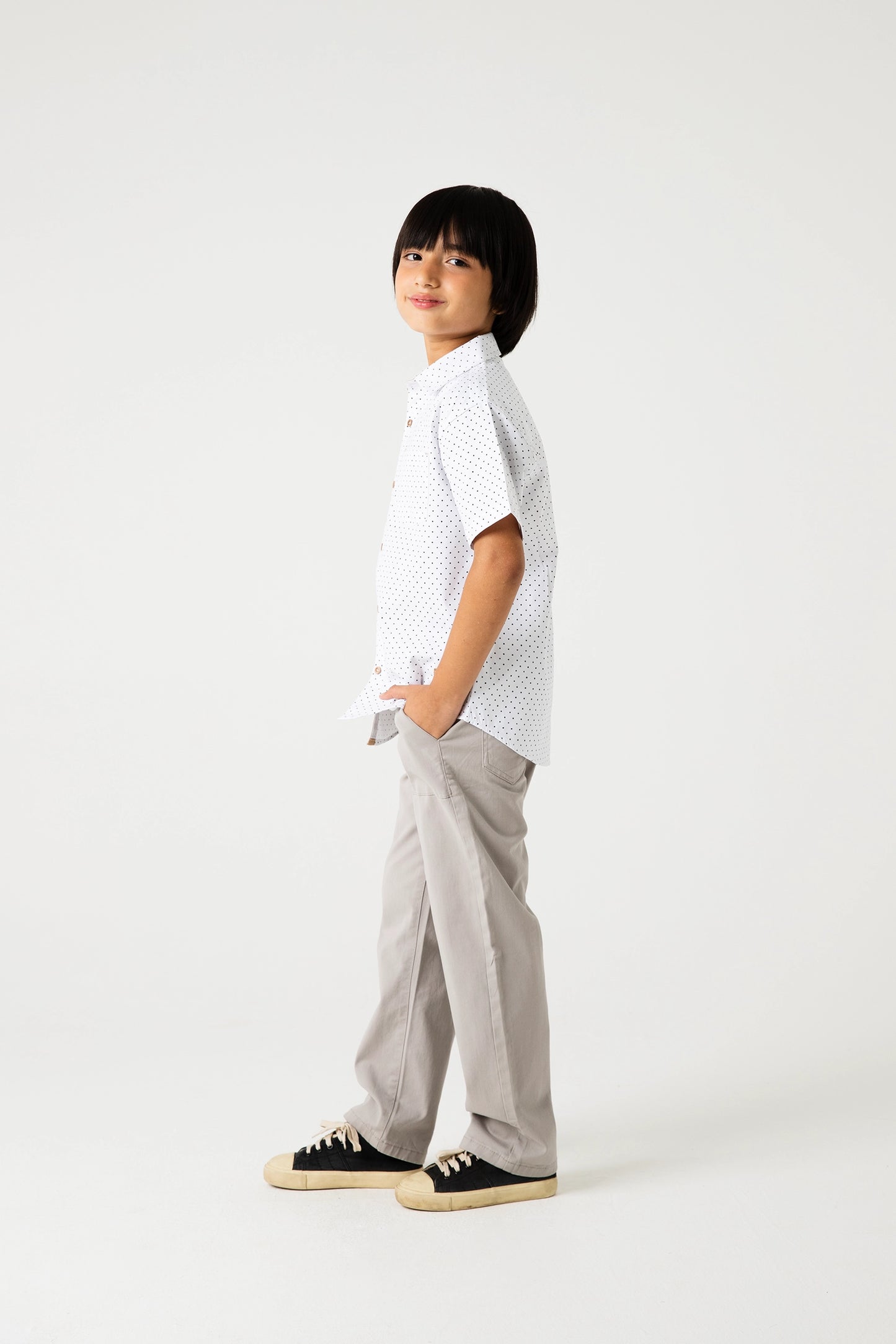 Micro-Print Shirt & Grey Pants Set