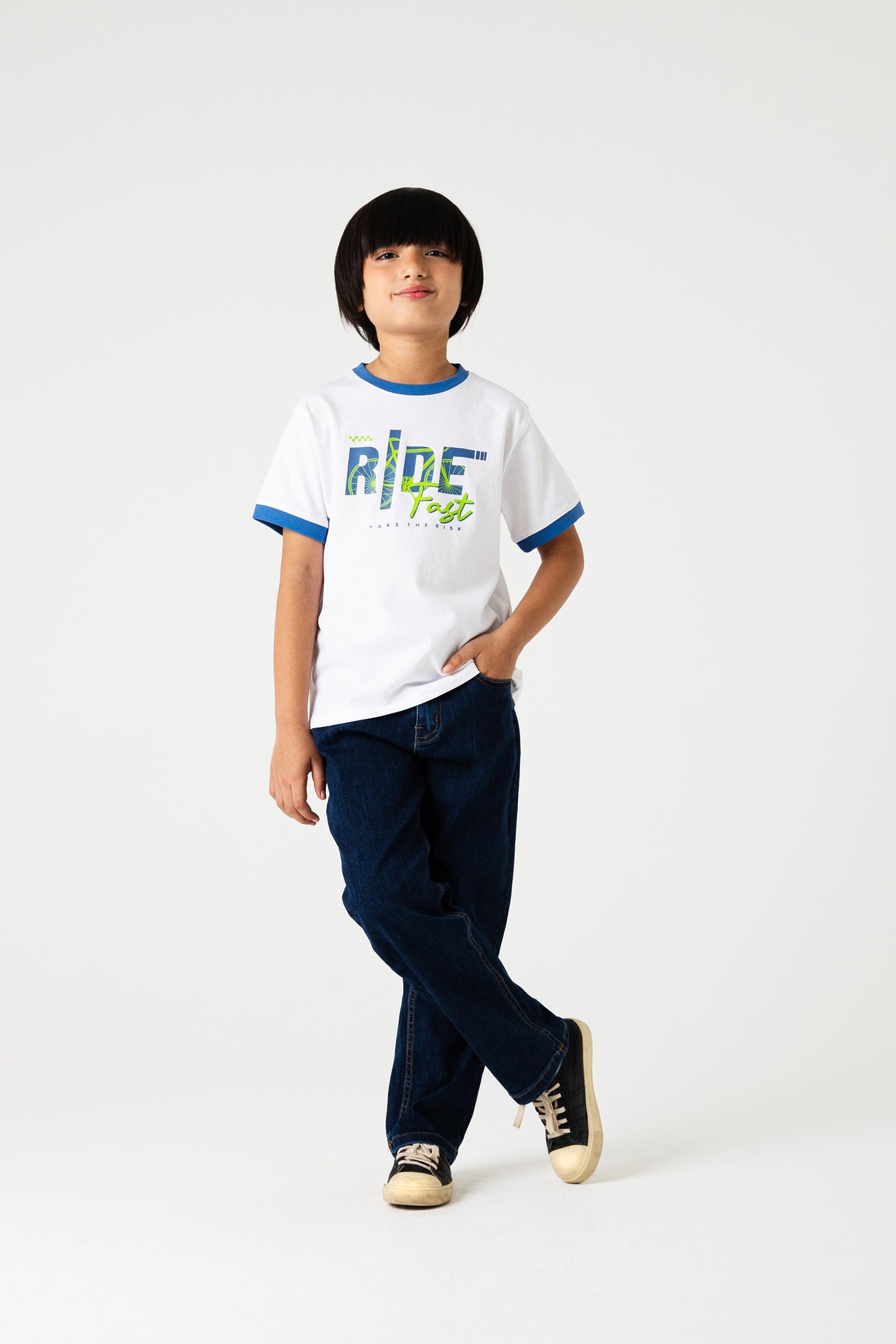 Boys White Ride Fast Tee & Blue Straight Cut Denim Jeans