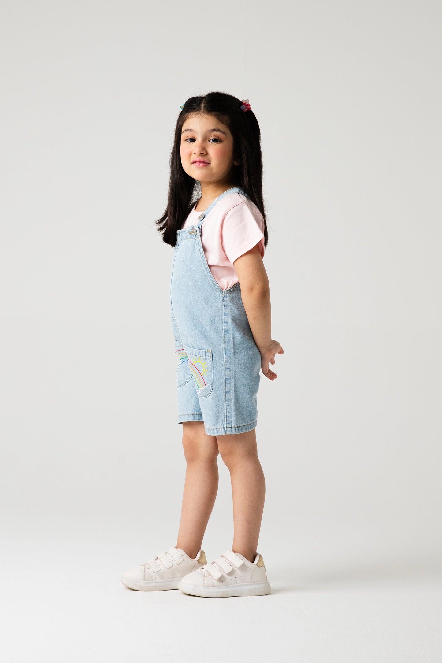 Girls Rainbow Denim Dungaree Set