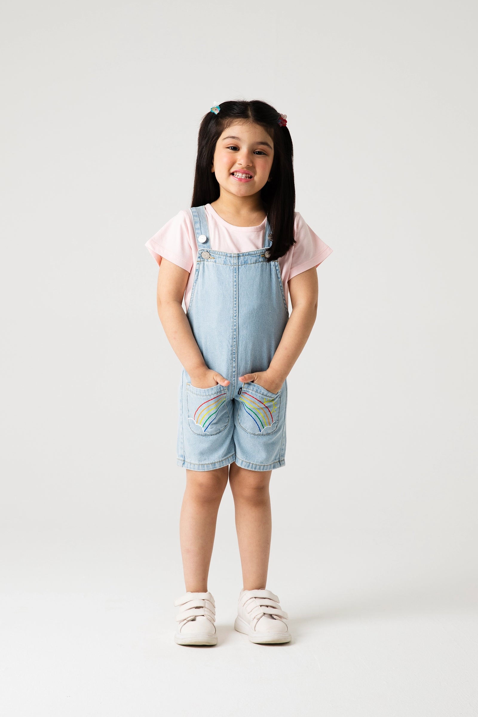 Girls Rainbow Denim Dungaree Set