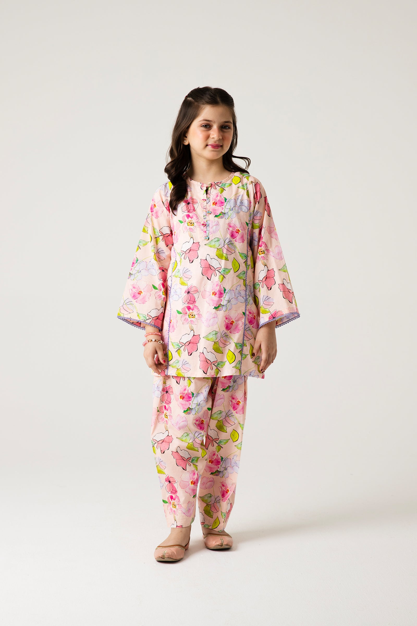 Soft Floral Pink Kurta Shalwar - 2pc