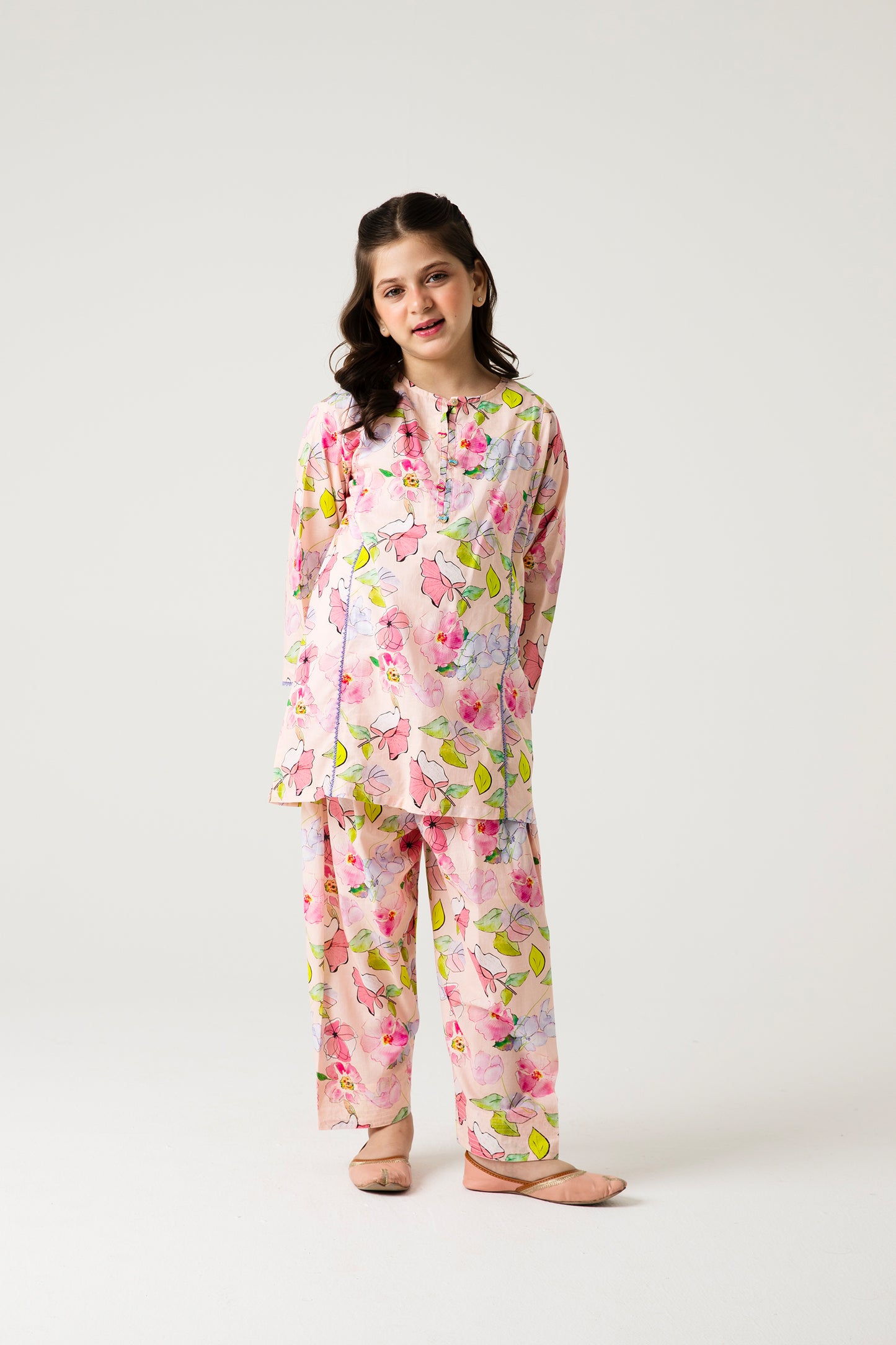 Soft Floral Pink Kurta Shalwar - 2pc