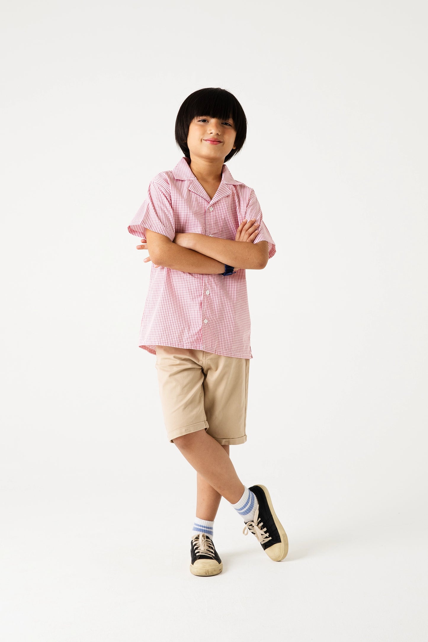 Red Gingham Shirt with Twill Shorts