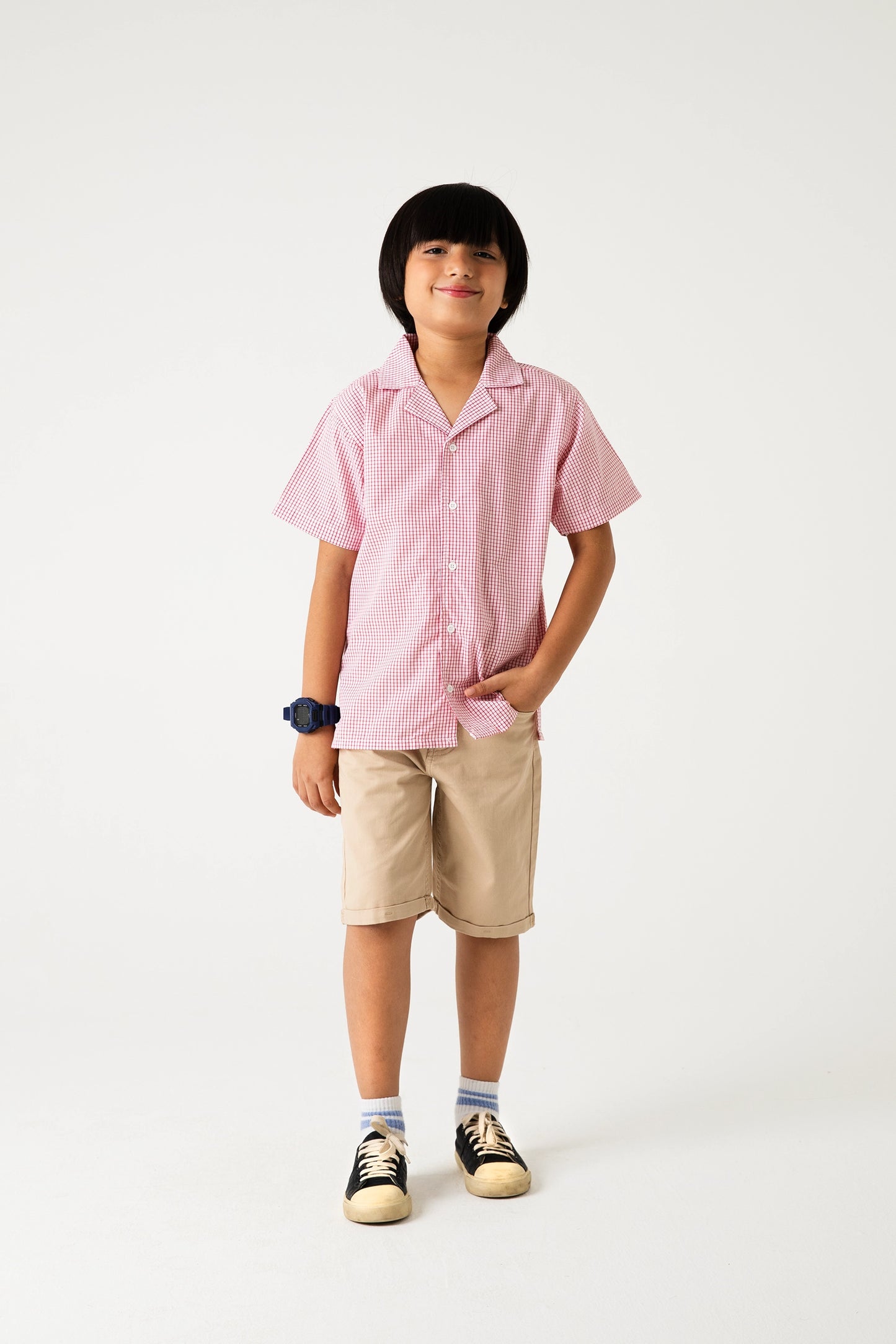 Red Gingham Shirt with Twill Shorts