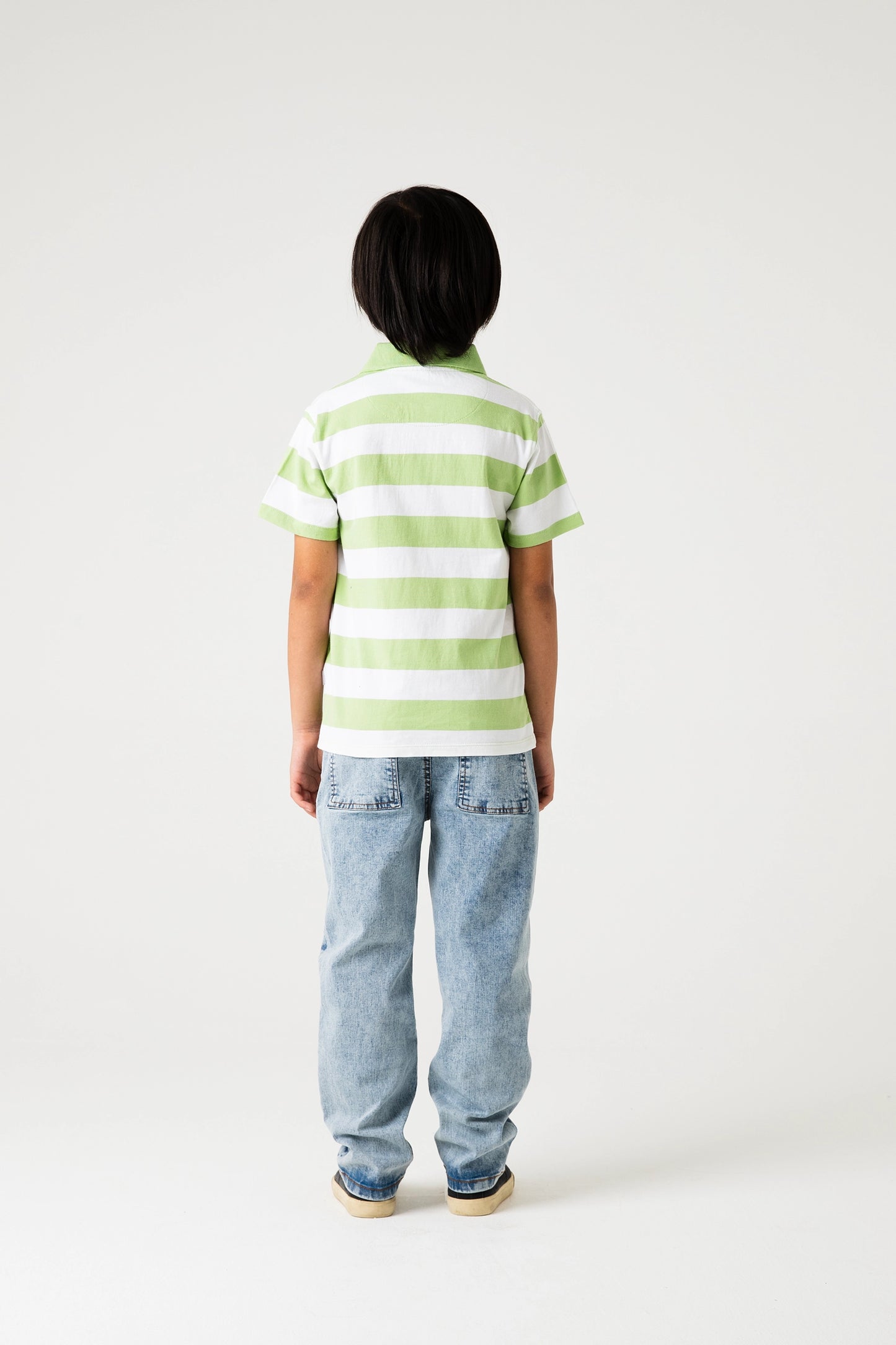 Green Stripe Polo with Straight Jeans