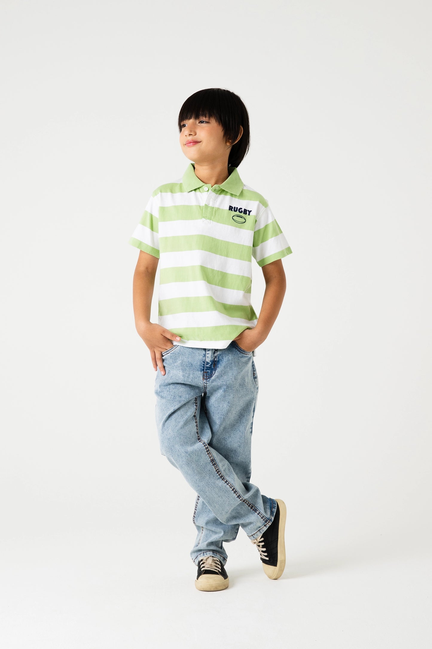 Green Stripe Polo with Straight Jeans