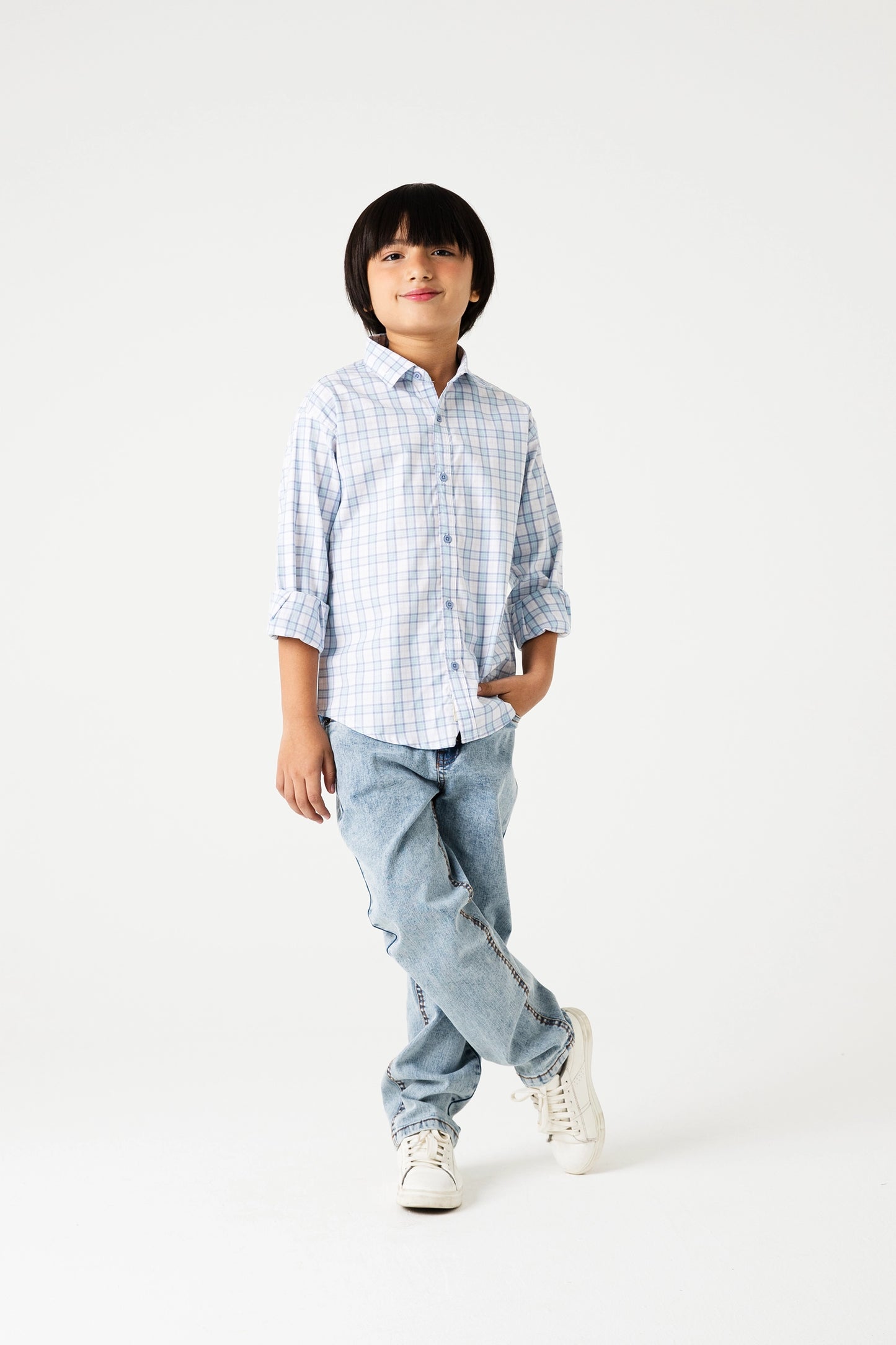 Boys White Sky Grid Shirt