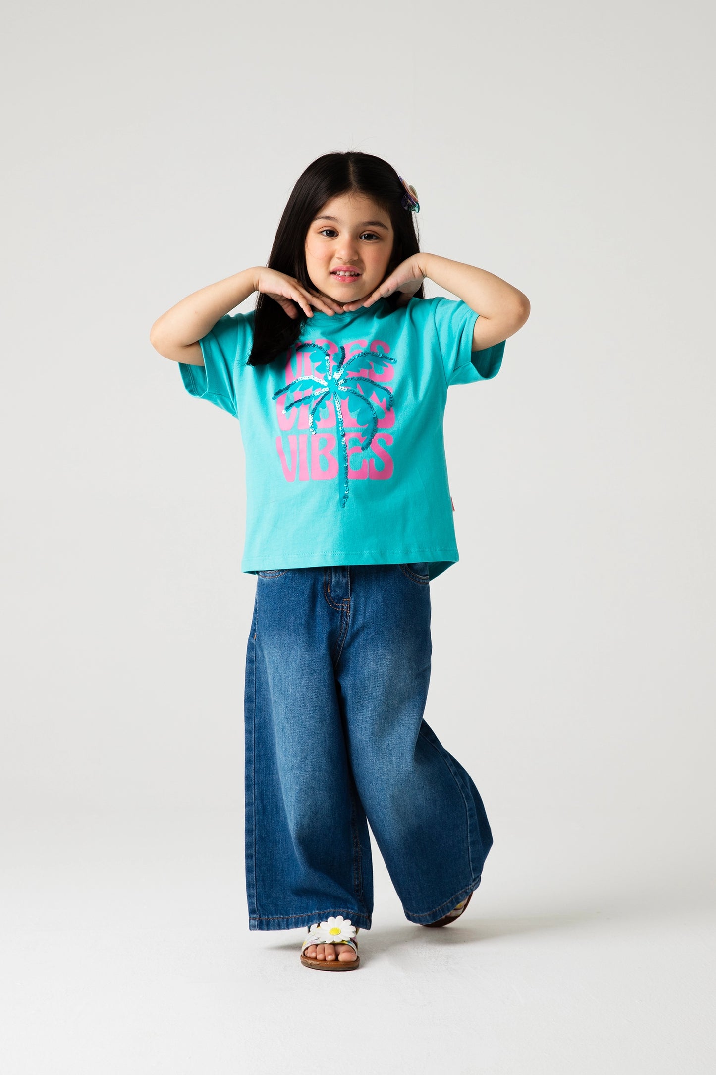 Girls Tropical Graphic Tee & Wide-Leg Jeans