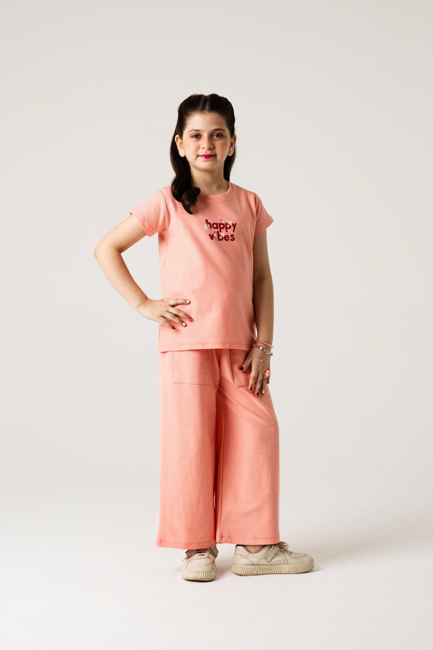 Girls Peach Happy Vibes Co-ord Set