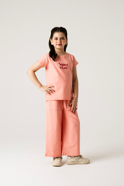 Girls Peach Happy Vibes Co-ord Set