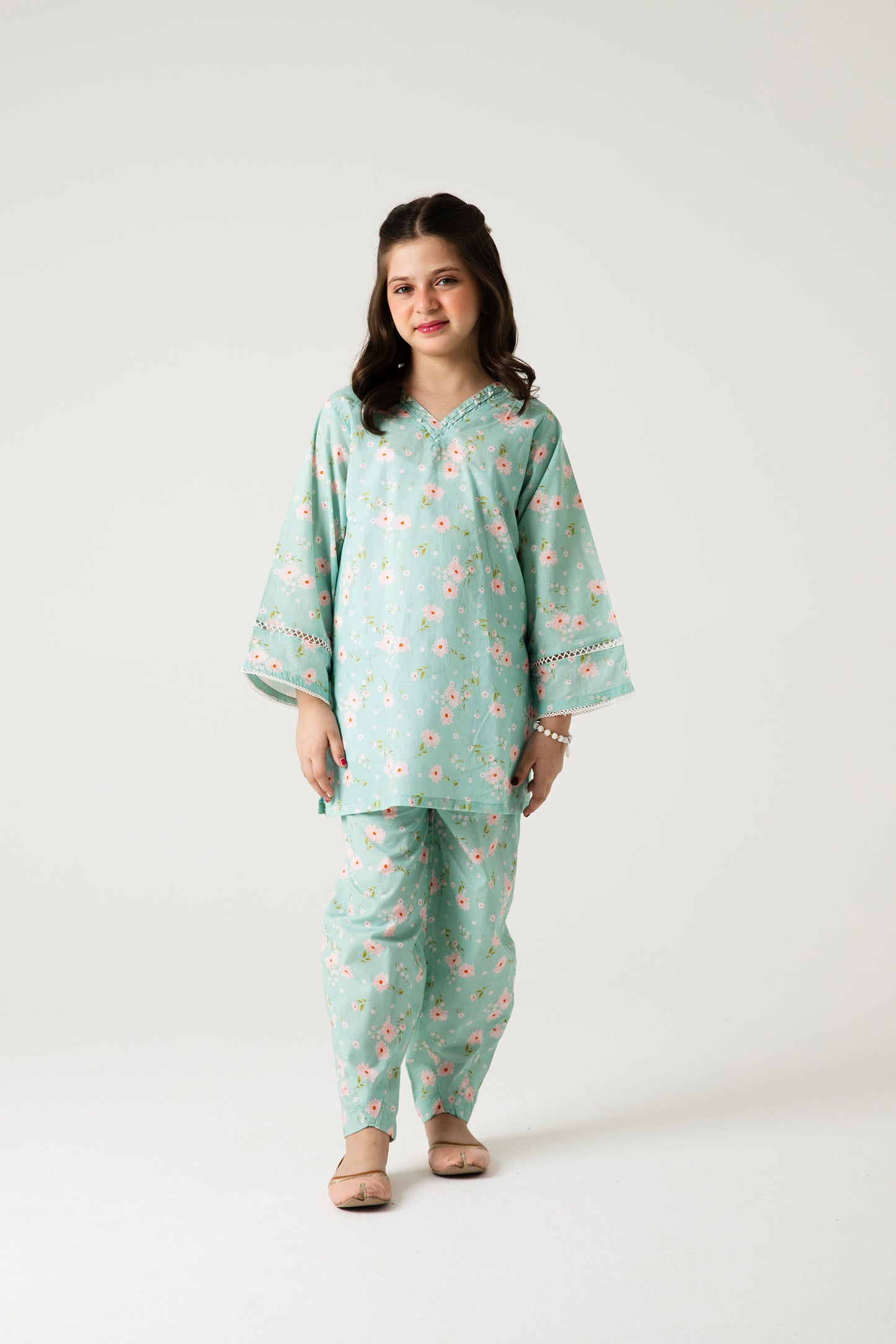 Pearly Pista Floral Cotton Kurta Shalwar - 2pc