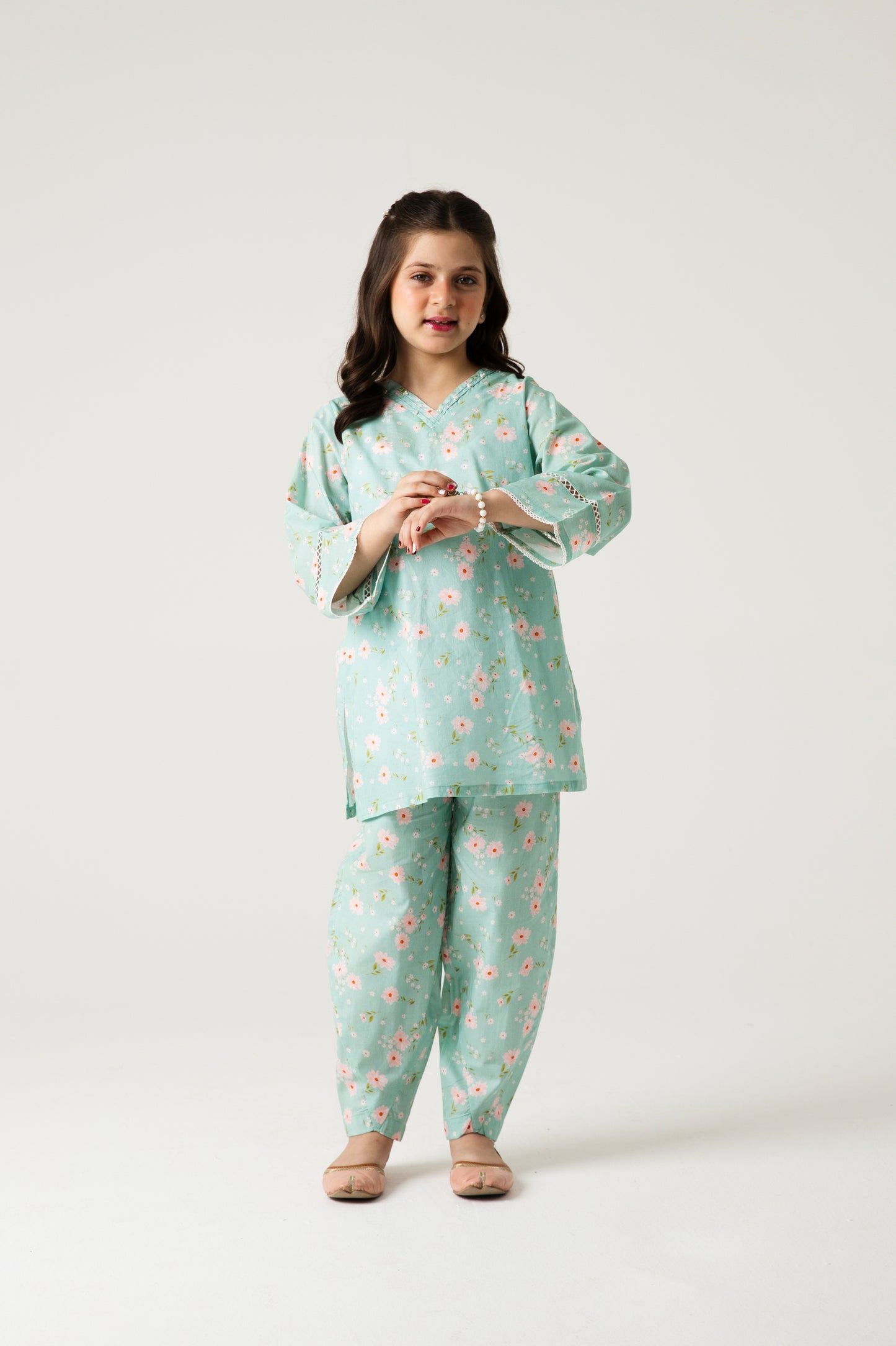 Pearly Pista Floral Cotton Kurta Shalwar - 2pc