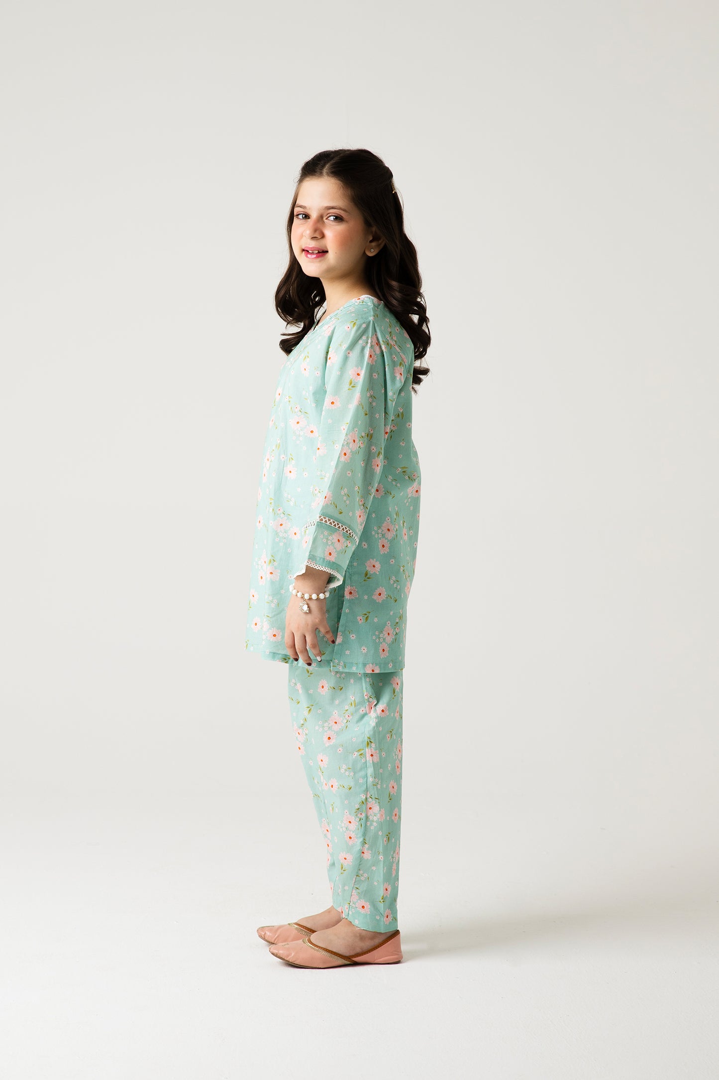 Pearly Pista Floral Cotton Kurta Shalwar - 2pc