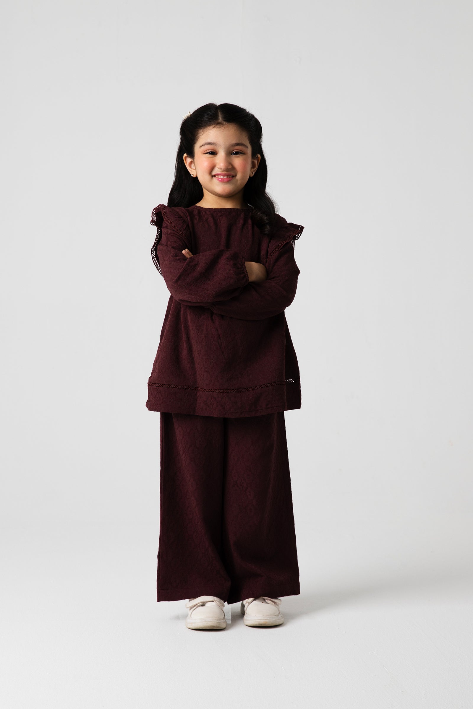 Girls Burgundy Jacquard Lace Co-ord Set