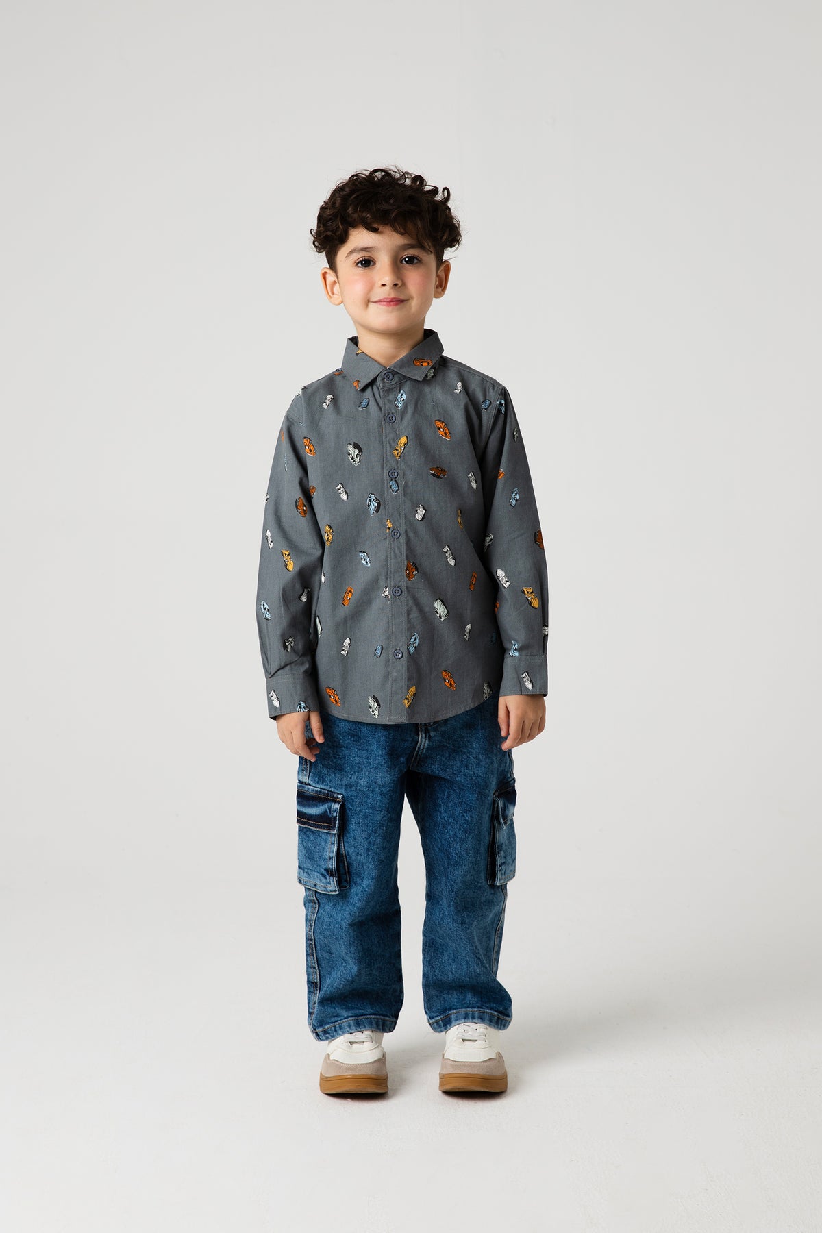 Boys Grey Cotton Vehicle Printed Shirt