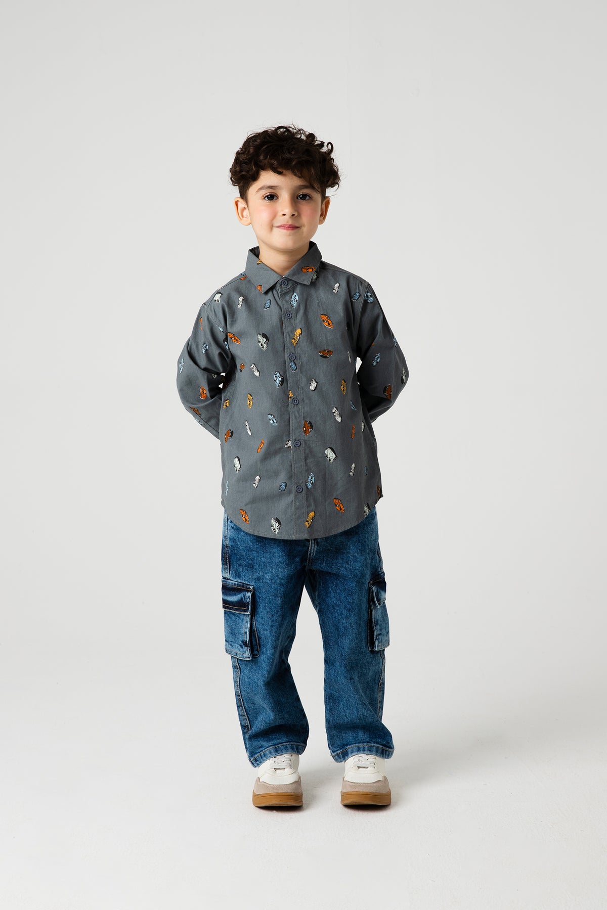 Boys Grey Cotton Vehicle Printed Shirt