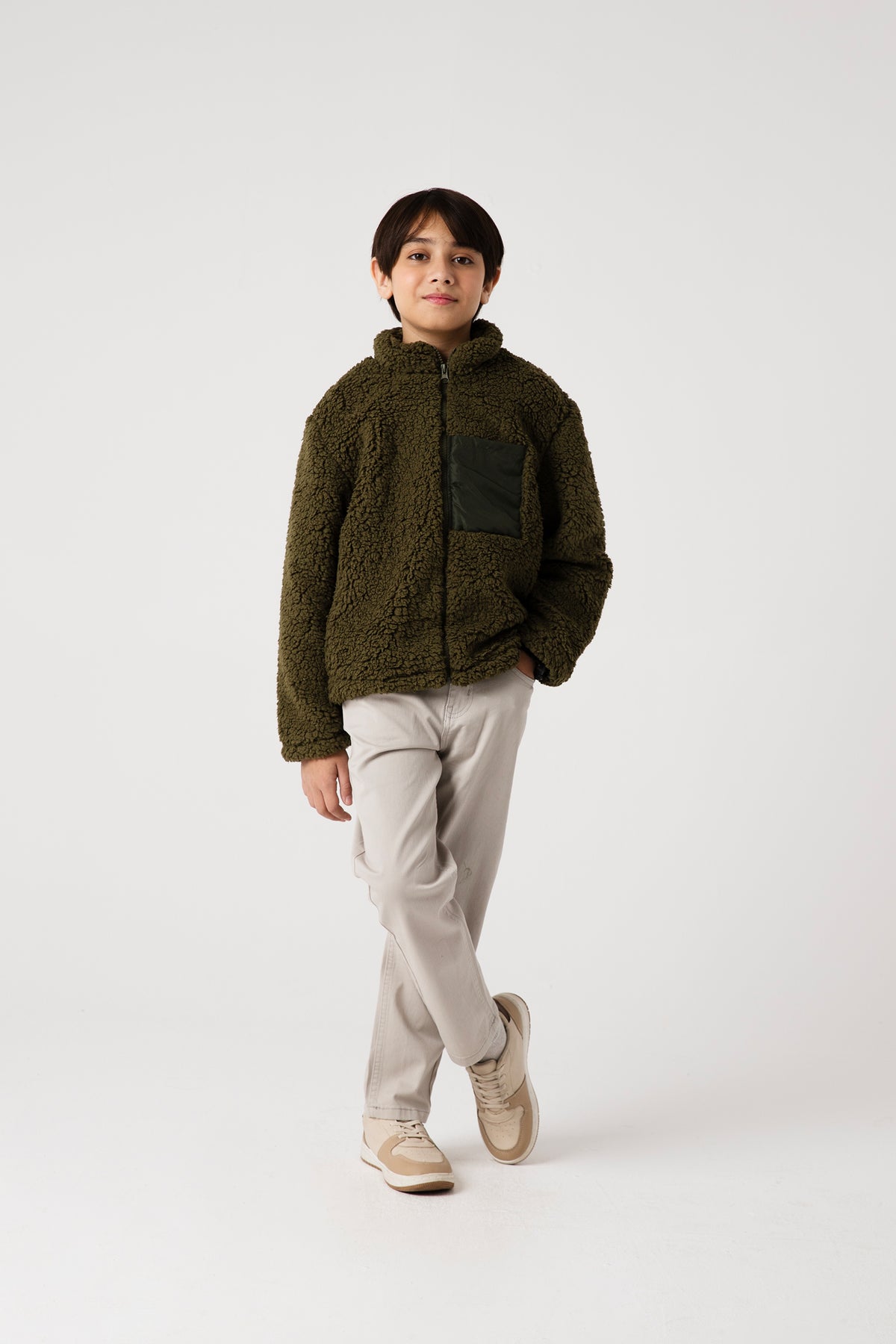 Boys Olive Sherpa Fleece Jacket