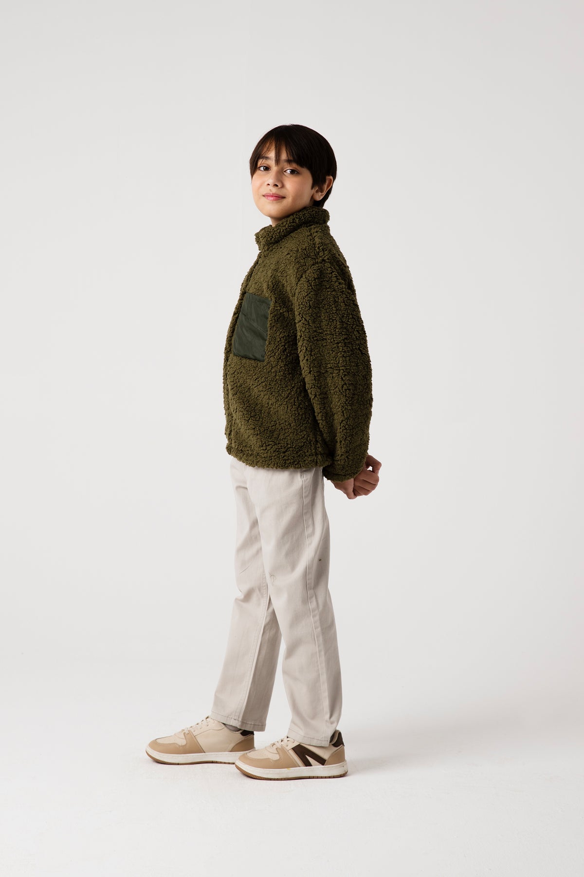 Boys Olive Sherpa Fleece Jacket