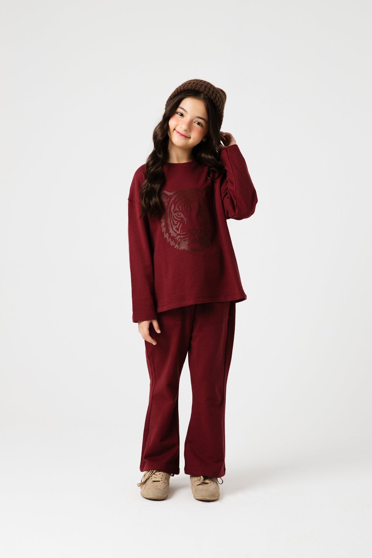 Girls Tiger Choco Maroon Terry Co-ord Set