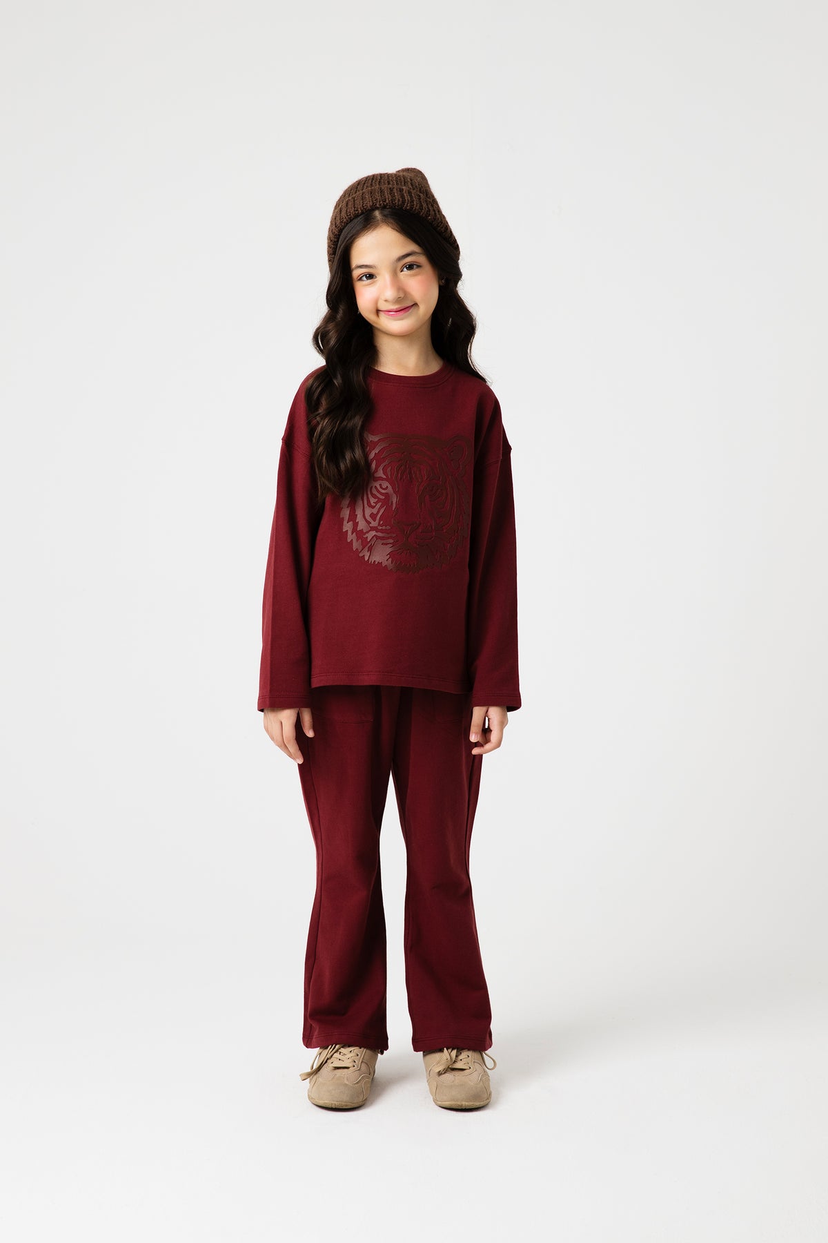 Girls Tiger Choco Maroon Terry Co-ord Set