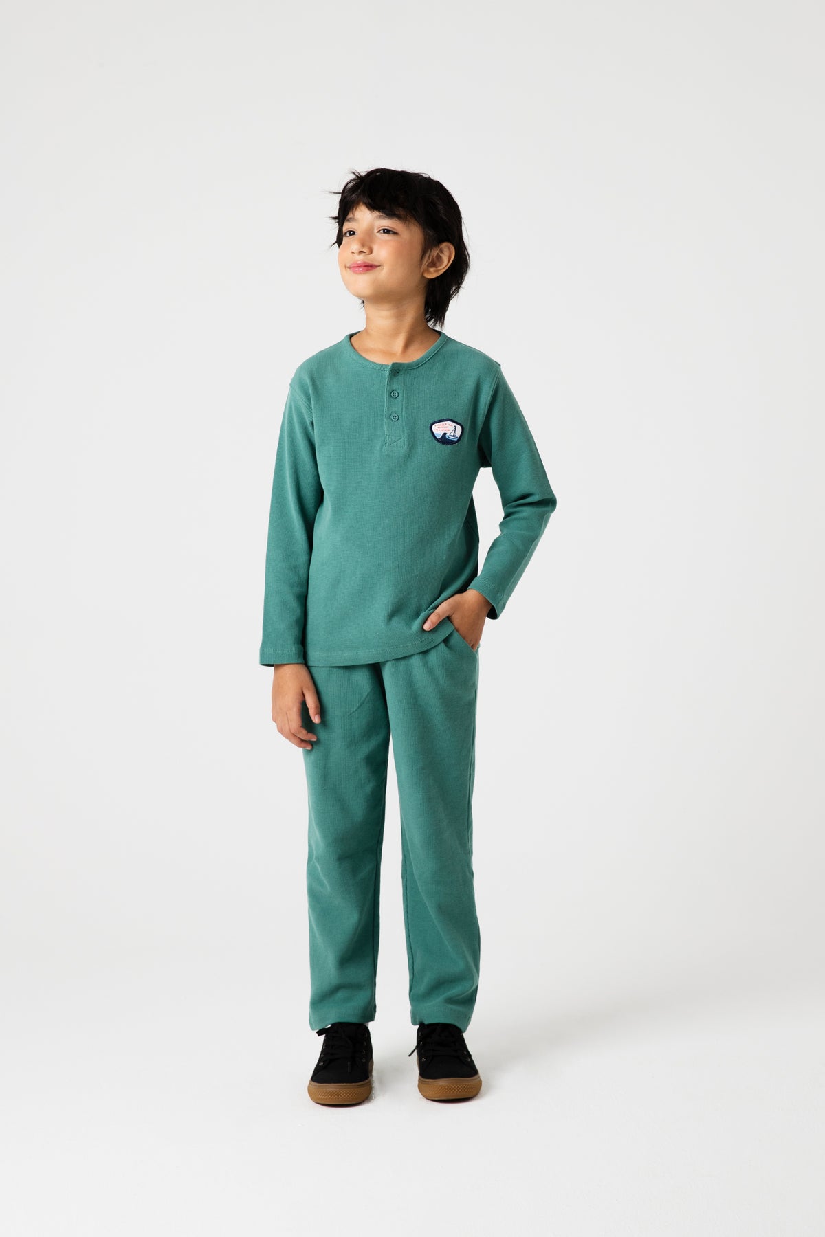 Boys Green Henley Waffle Co-ord Set