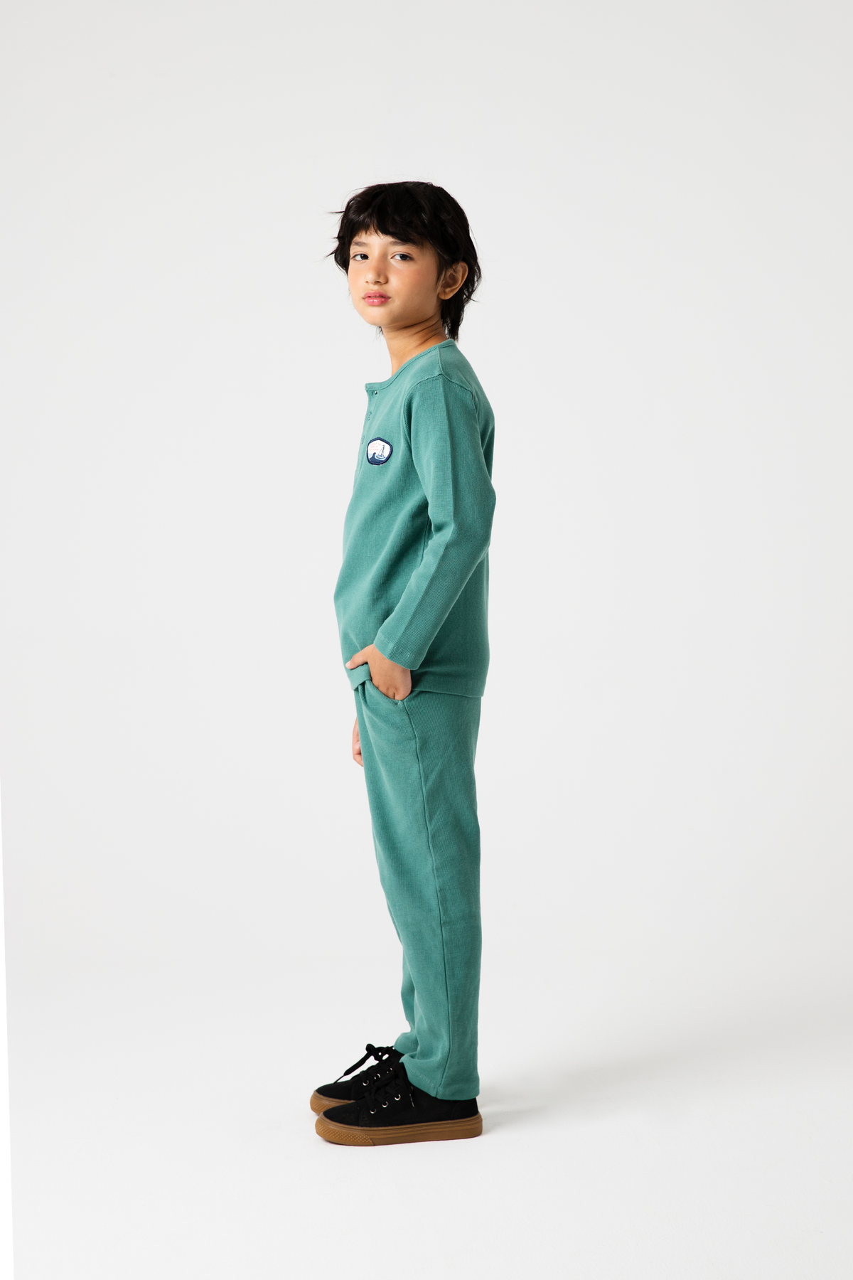 Boys Green Henley Waffle Co-ord Set