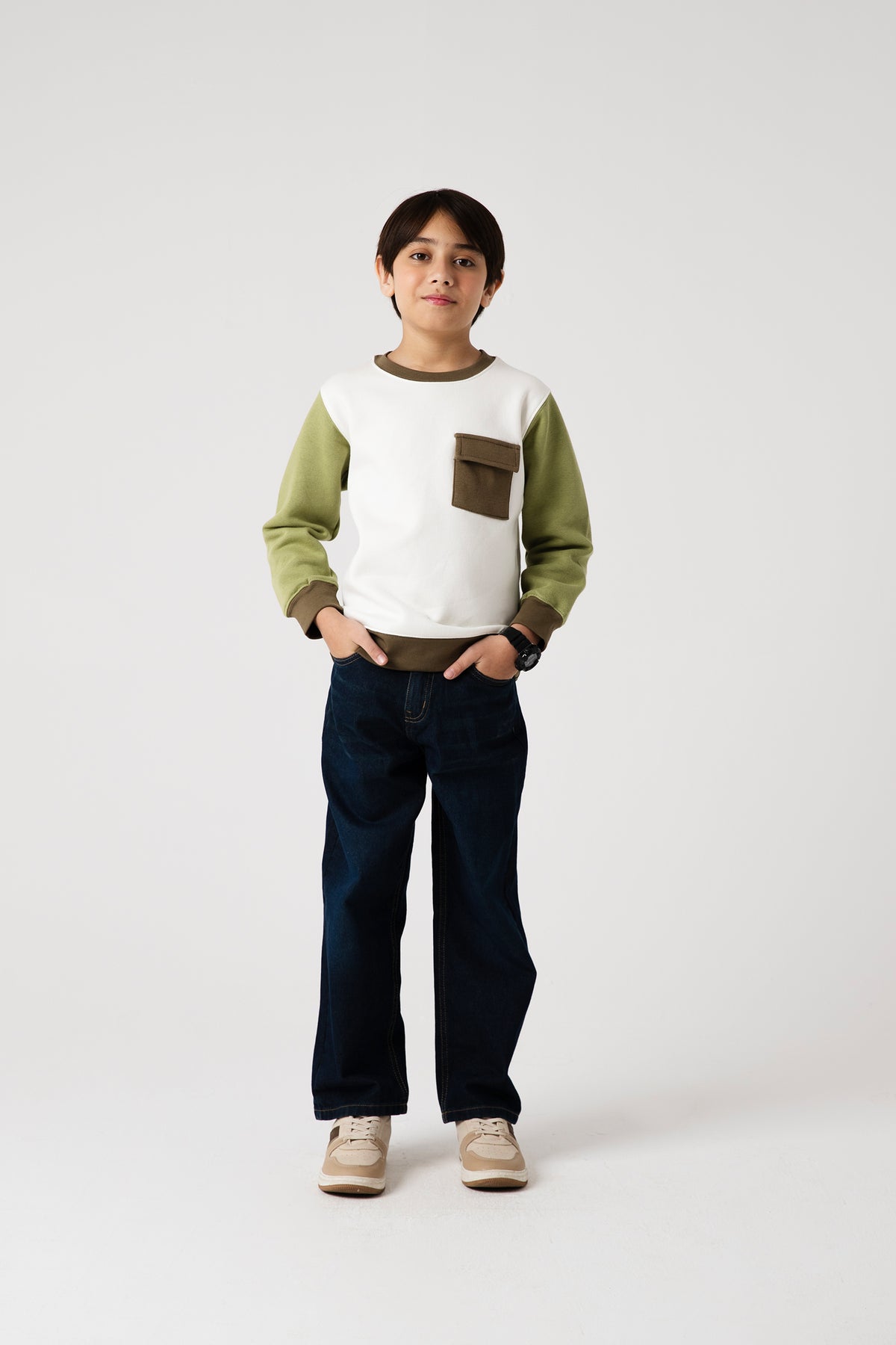 Boys Olive Contrast Fleece Sweatshirt