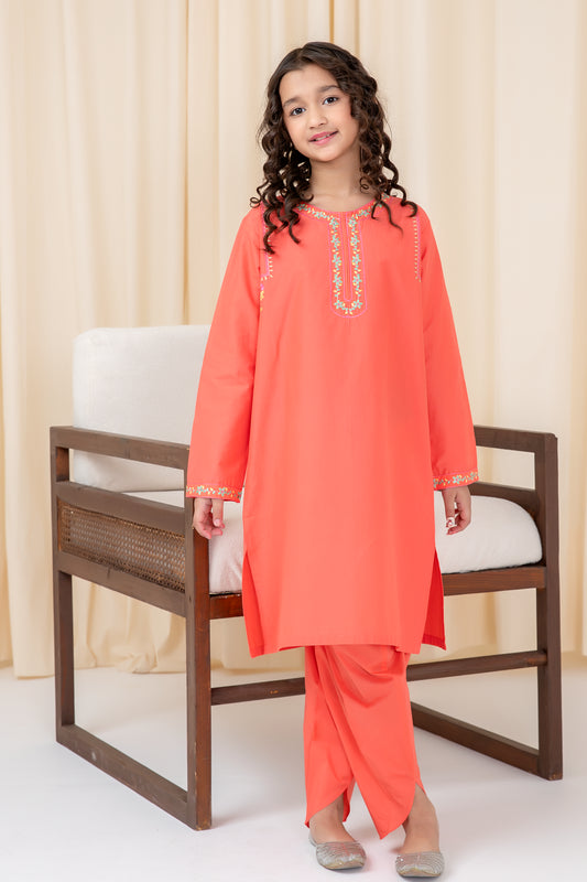 Peach Blossom Embroidered Kurta Set - 2pc
