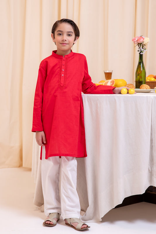 Boys Red Embroidered Cotton Kurta