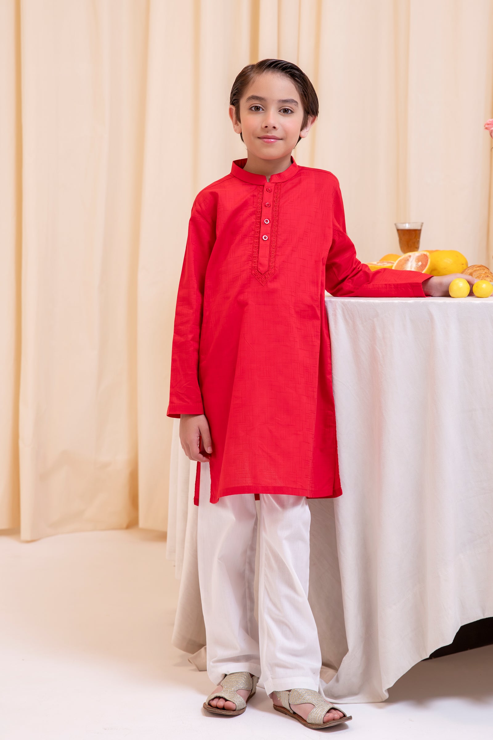Boys Red Embroidered Cotton Kurta