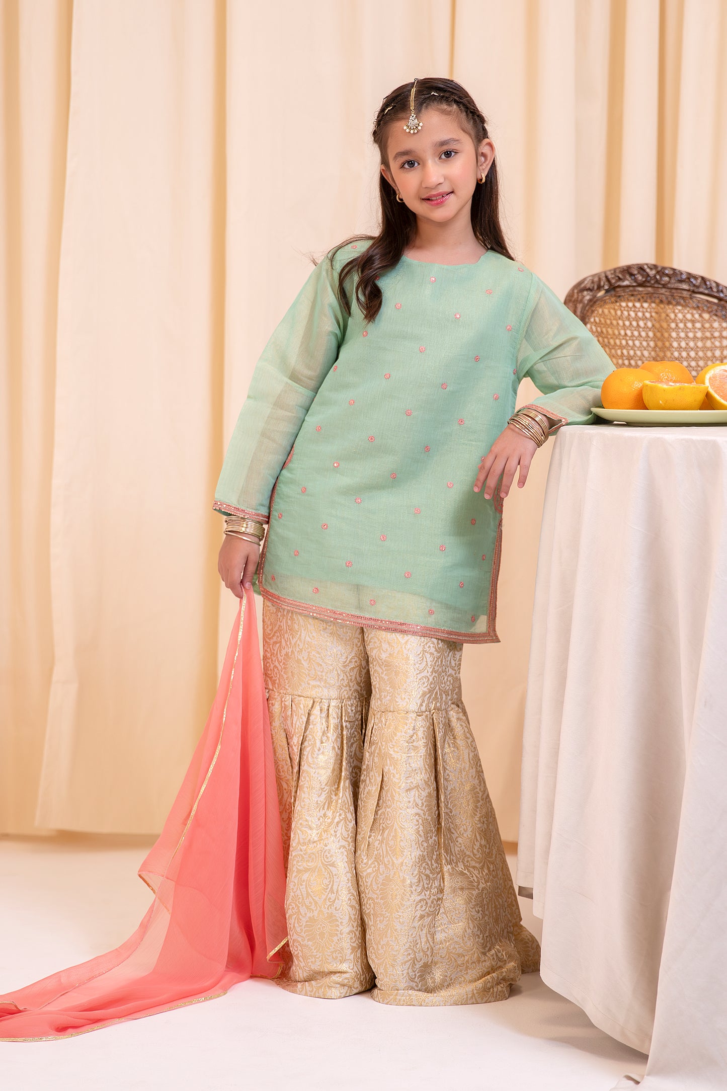 Mint & Gold Fancy Emboidered Gharara Set - 3pc