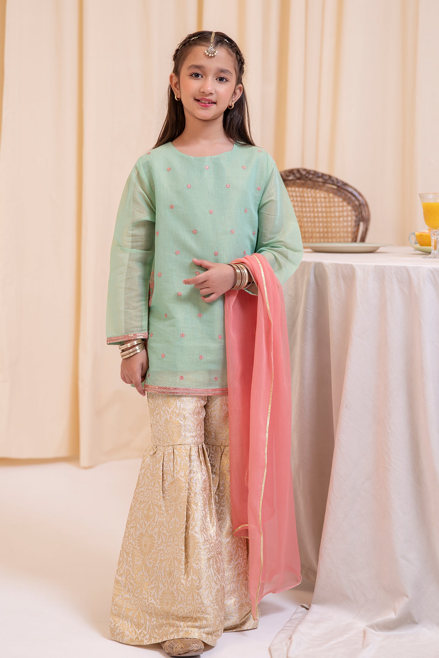 Mint & Gold Fancy Emboidered Gharara Set - 3pc