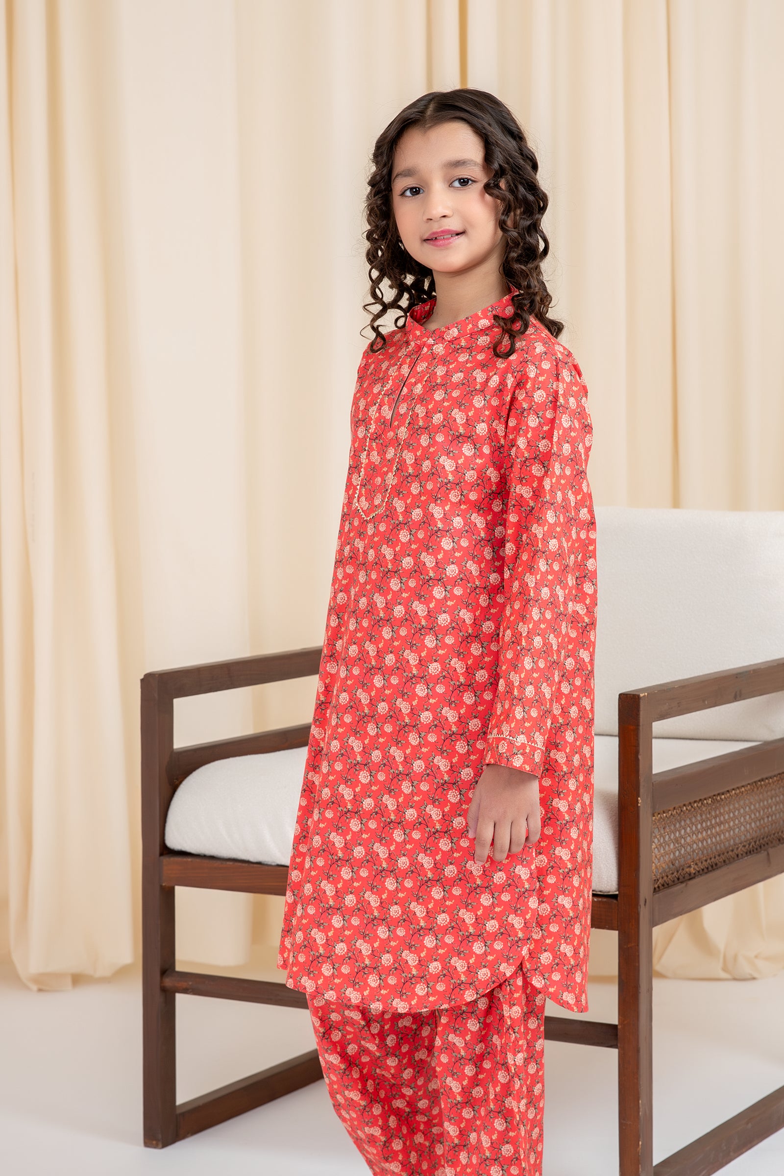 Red Floral Cotton Kurta Shalwar Set - 2pc