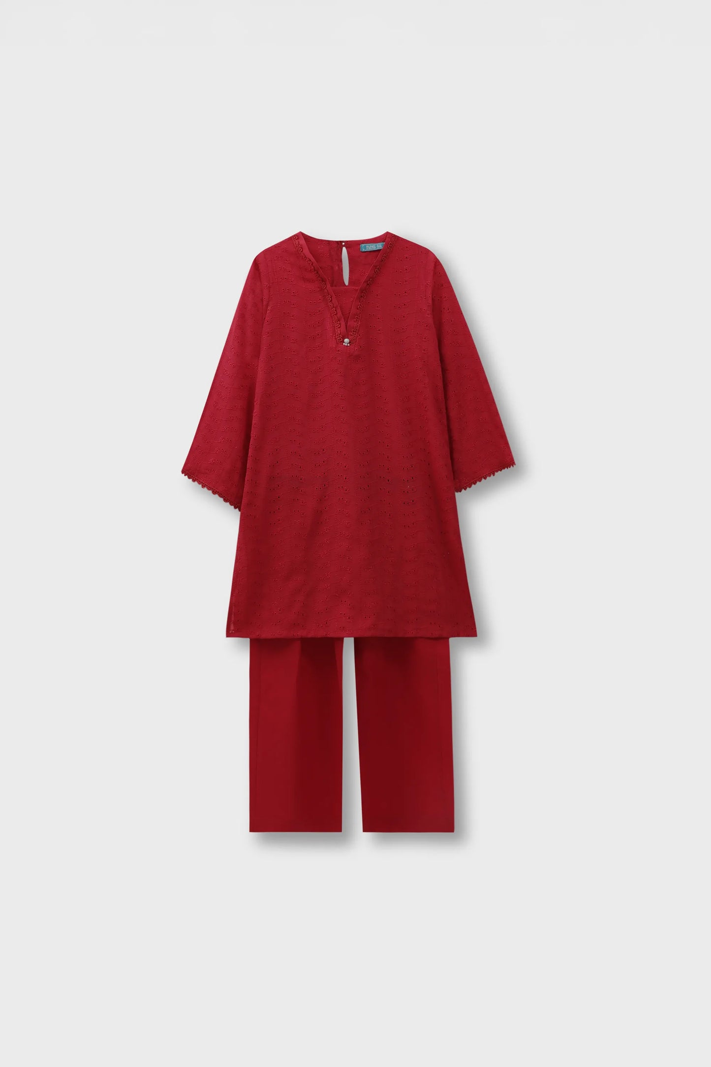 Red Chikankari Suit Set - 3pc