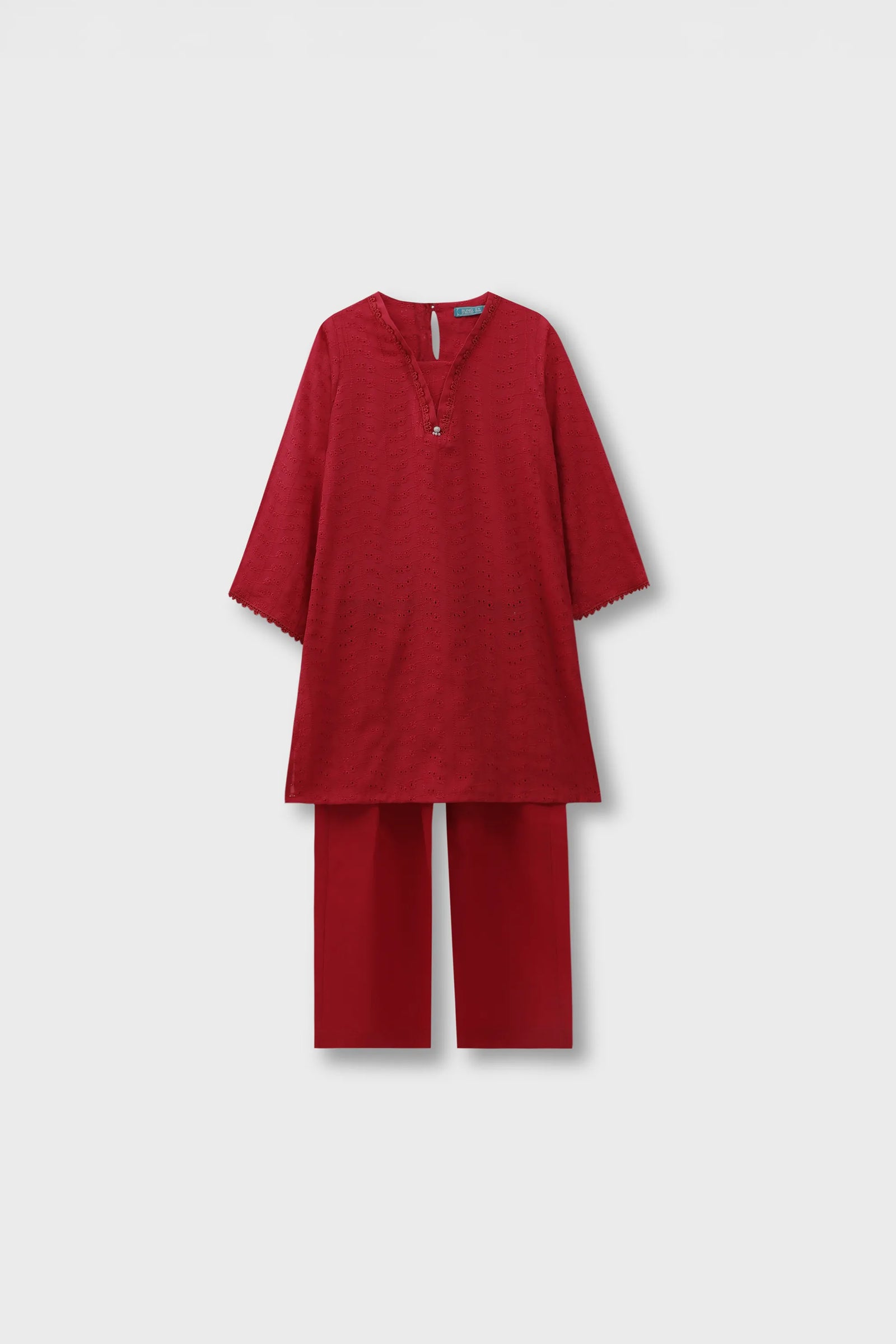 Red Chikankari Suit Set - 3pc