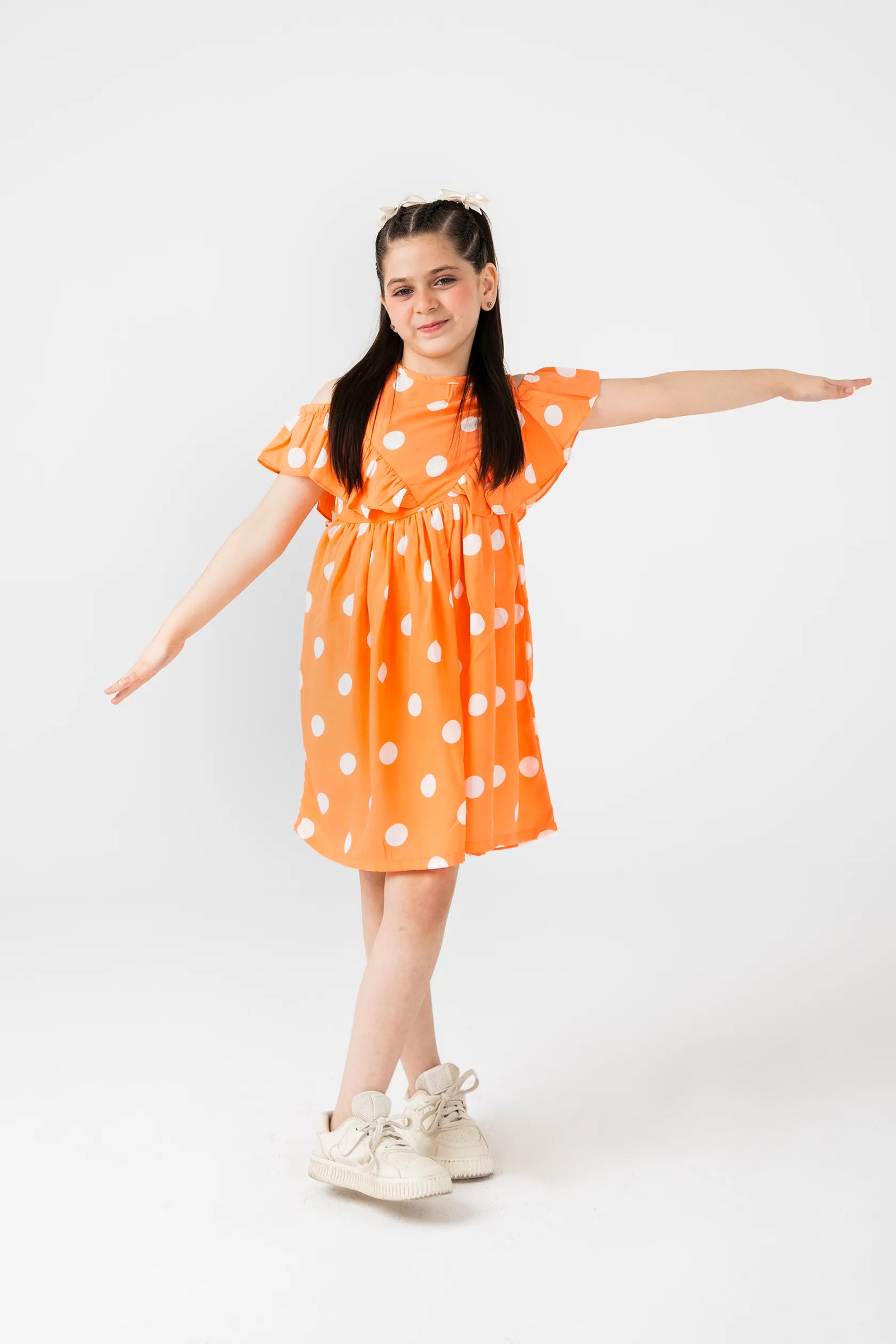 Orange Polka Dot Off-Shoulder Dress