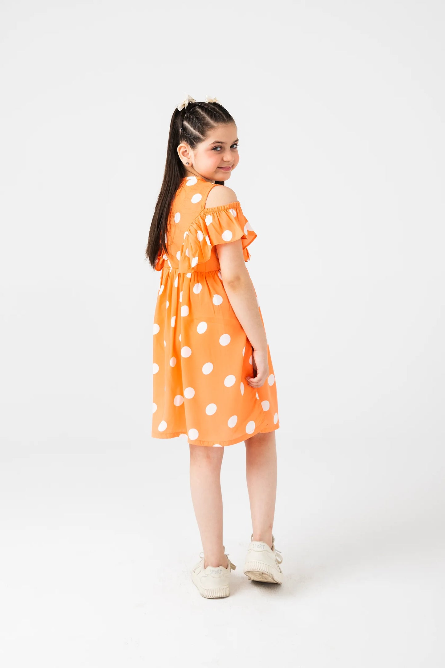 Orange Polka Dot Off-Shoulder Dress