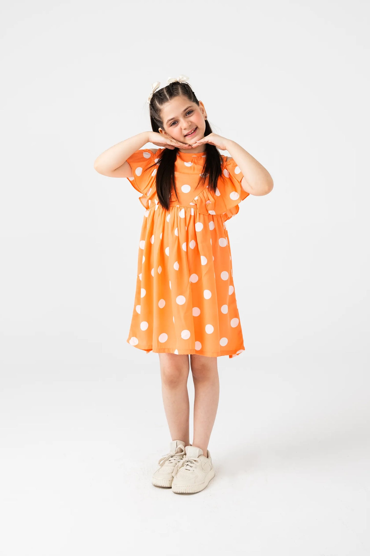 Orange Polka Dot Off-Shoulder Dress