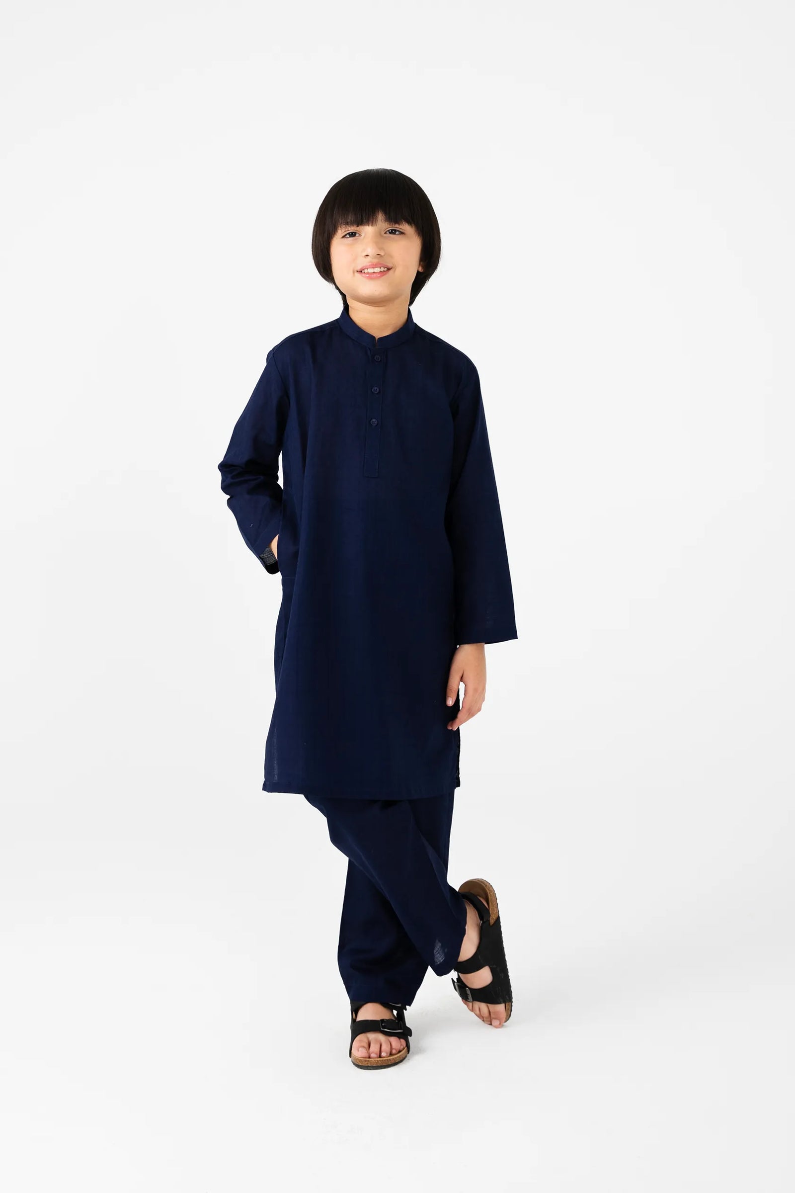Boys Navy Blue Cotton Jacquard Kurta Set