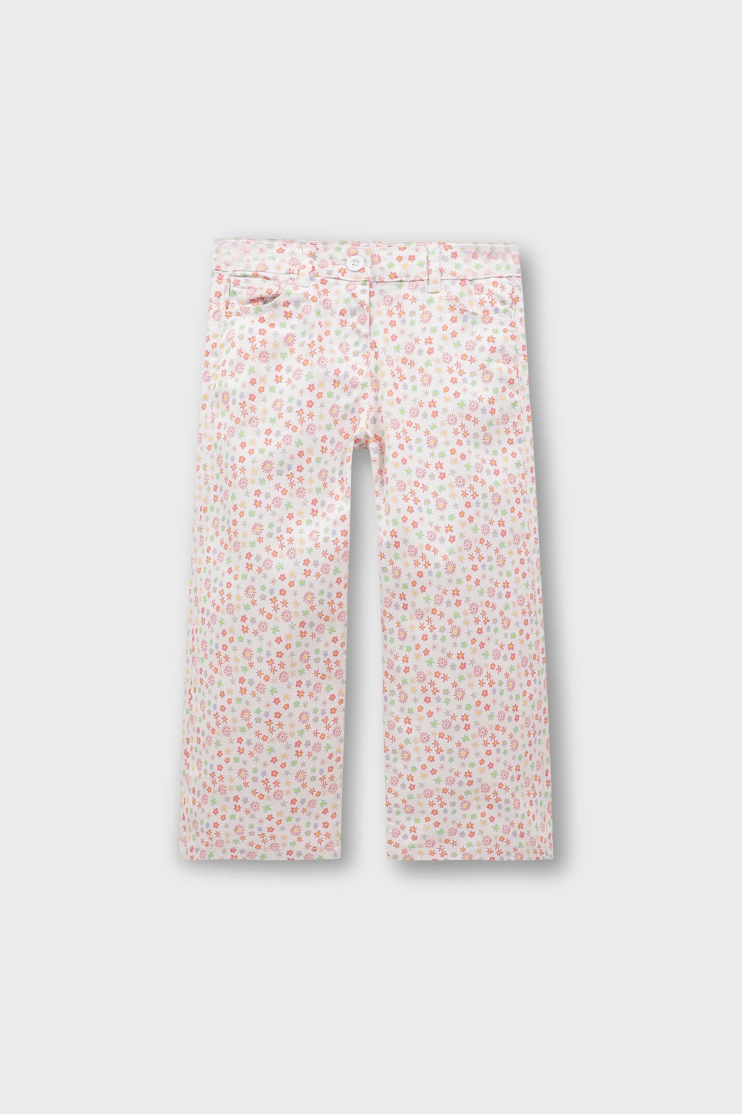 Girls White Floral Twill Wide Pants
