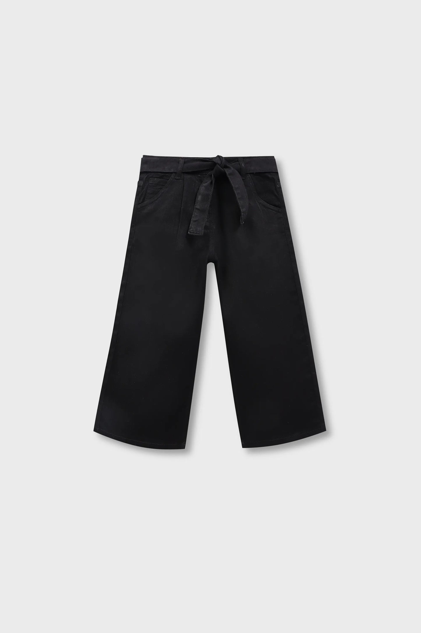 Girls Black Denim Belted Wide-Leg Jeans